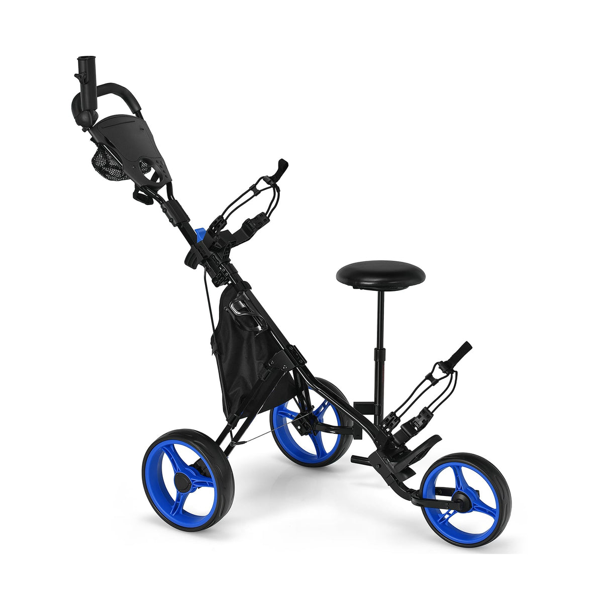 3 Wheels Folding Golf Push Cart with Seat Scoreboard and Adjustable Handle-Blue-Golf-DECOROLALA