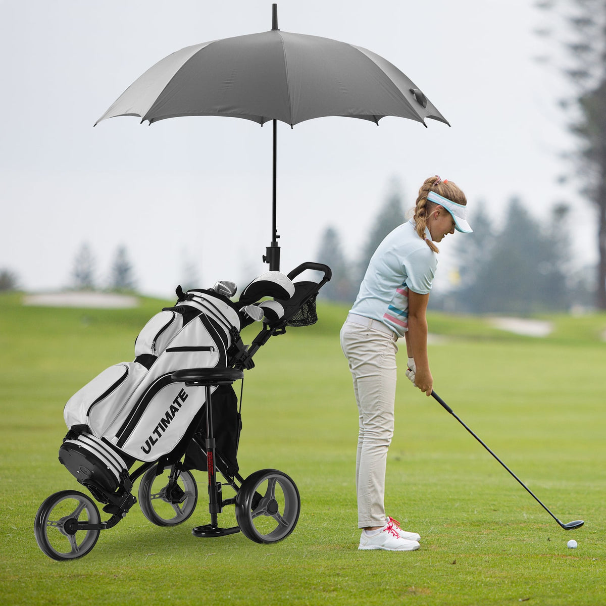 3 Wheels Folding Golf Push Cart with Seat Scoreboard and Adjustable Handle-Gray-Golf-DECOROLALA
