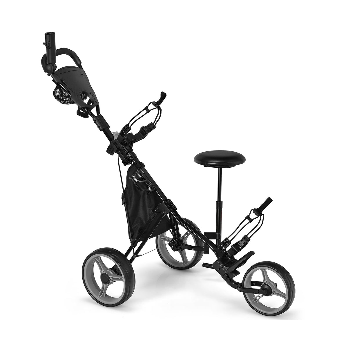 3 Wheels Folding Golf Push Cart with Seat Scoreboard and Adjustable Handle-Gray-Golf-DECOROLALA
