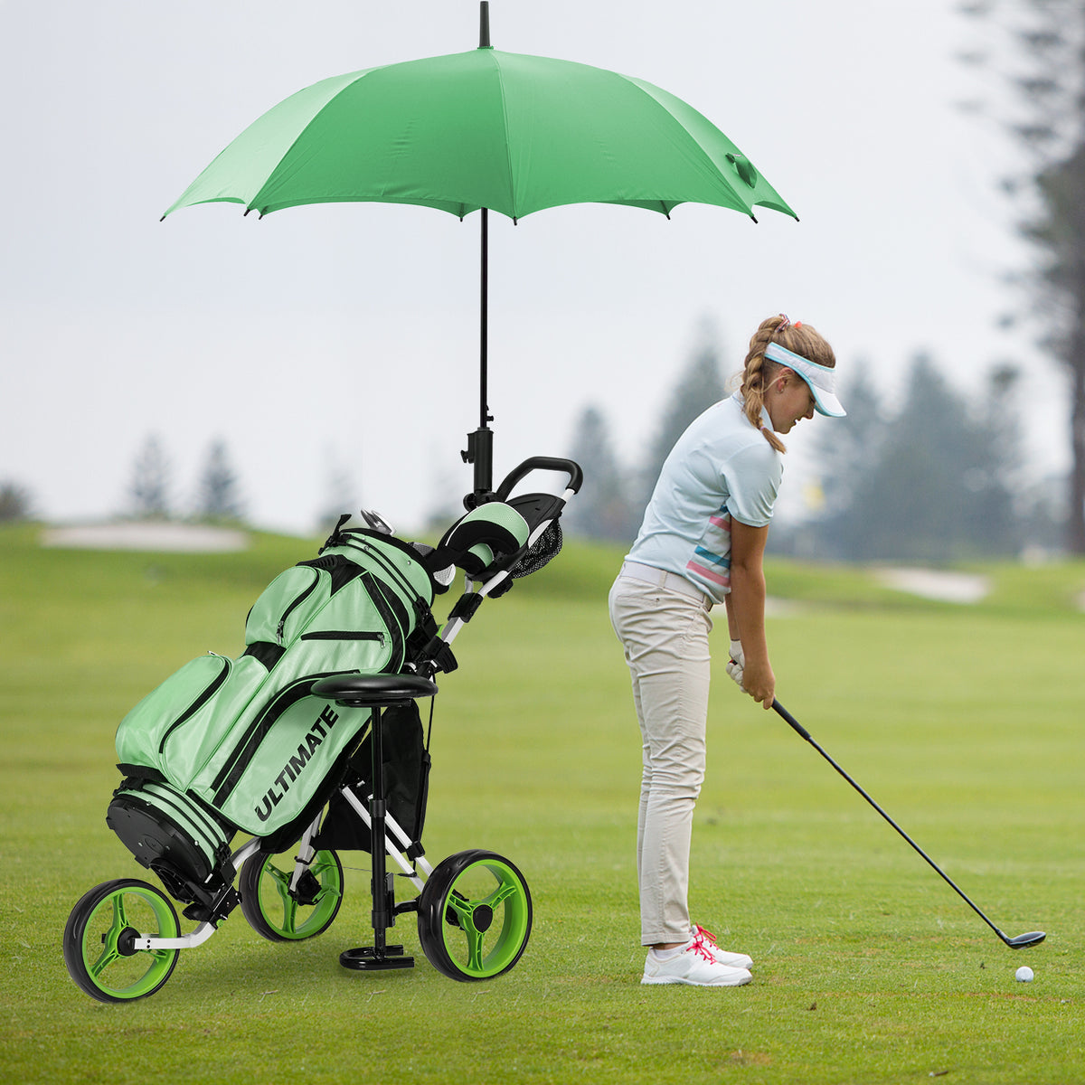 3 Wheels Folding Golf Push Cart with Seat Scoreboard and Adjustable Handle-Green-Golf-DECOROLALA