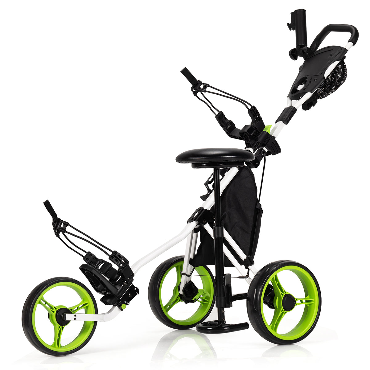 3 Wheels Folding Golf Push Cart with Seat Scoreboard and Adjustable Handle-Green-Golf-DECOROLALA