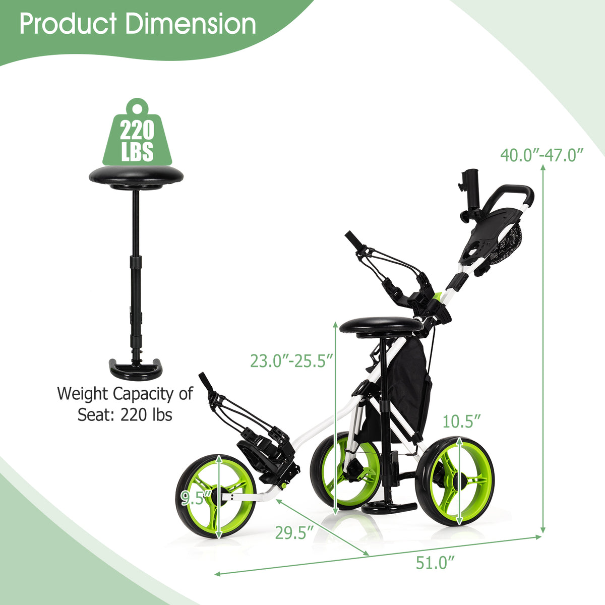 3 Wheels Folding Golf Push Cart with Seat Scoreboard and Adjustable Handle-Green-Golf-DECOROLALA