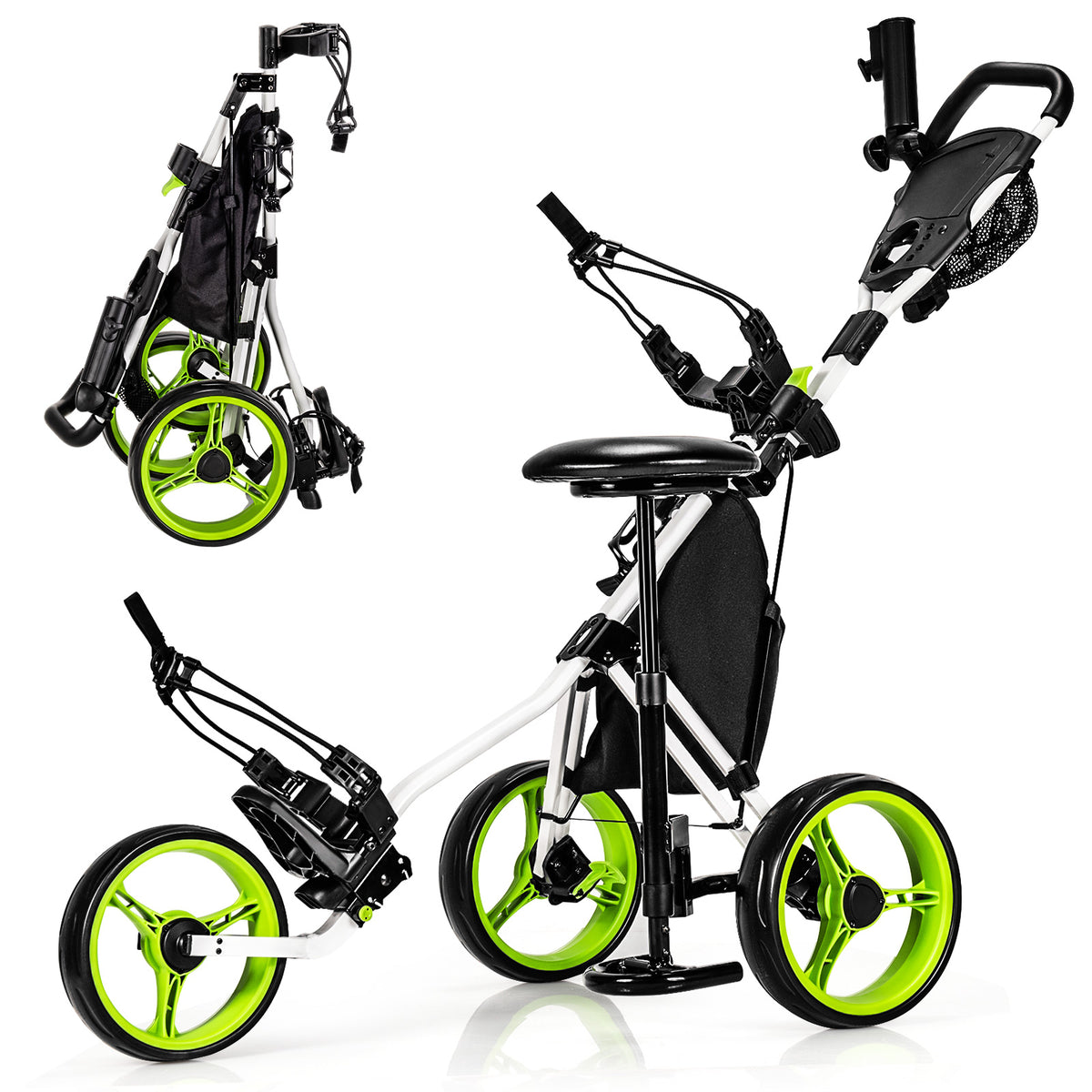 3 Wheels Folding Golf Push Cart with Seat Scoreboard and Adjustable Handle-Green-Golf-DECOROLALA