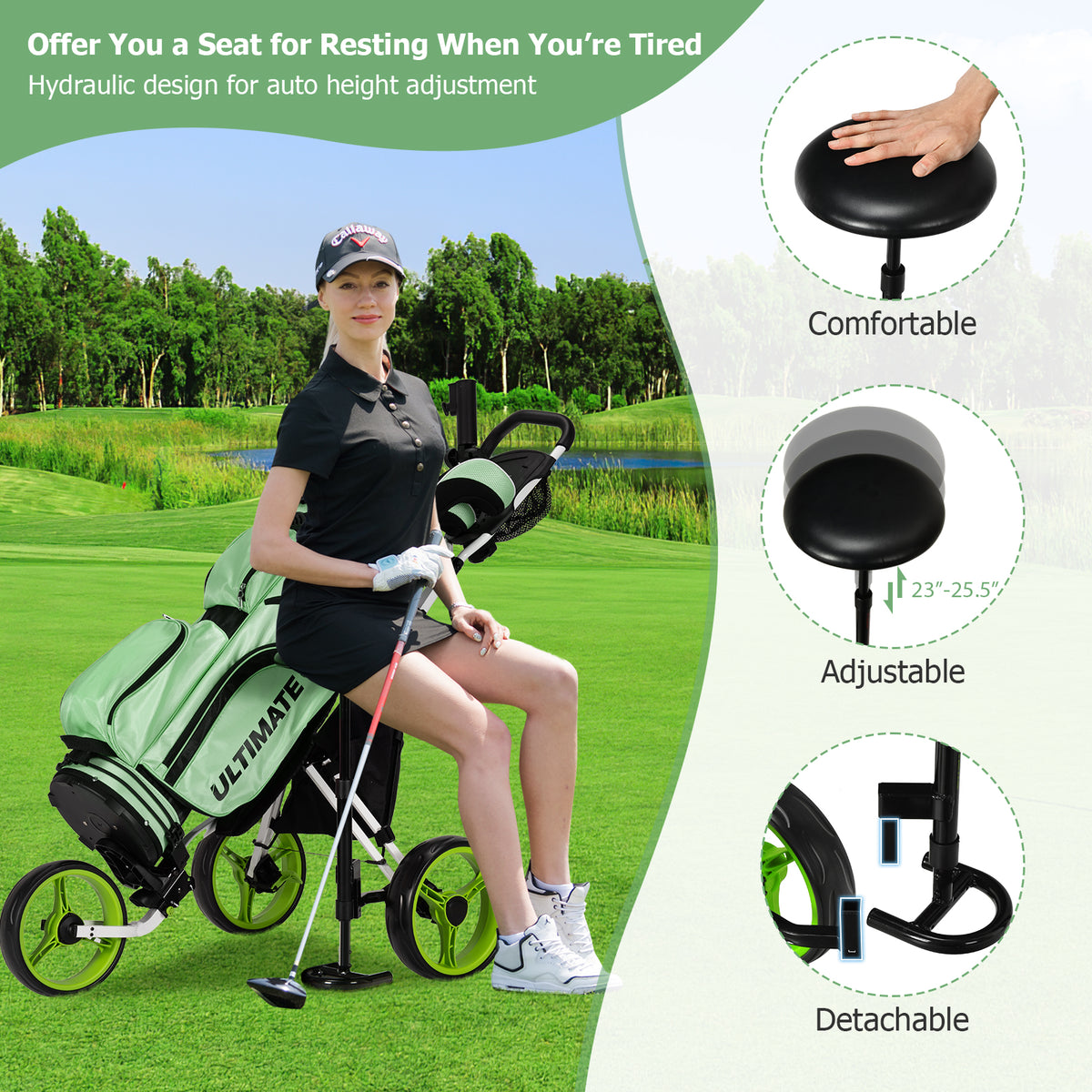 3 Wheels Folding Golf Push Cart with Seat Scoreboard and Adjustable Handle-Green-Golf-DECOROLALA