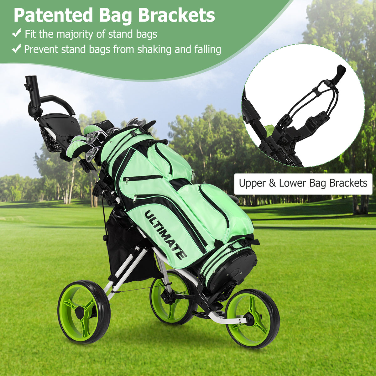 3 Wheels Folding Golf Push Cart with Seat Scoreboard and Adjustable Handle-Green-Golf-DECOROLALA