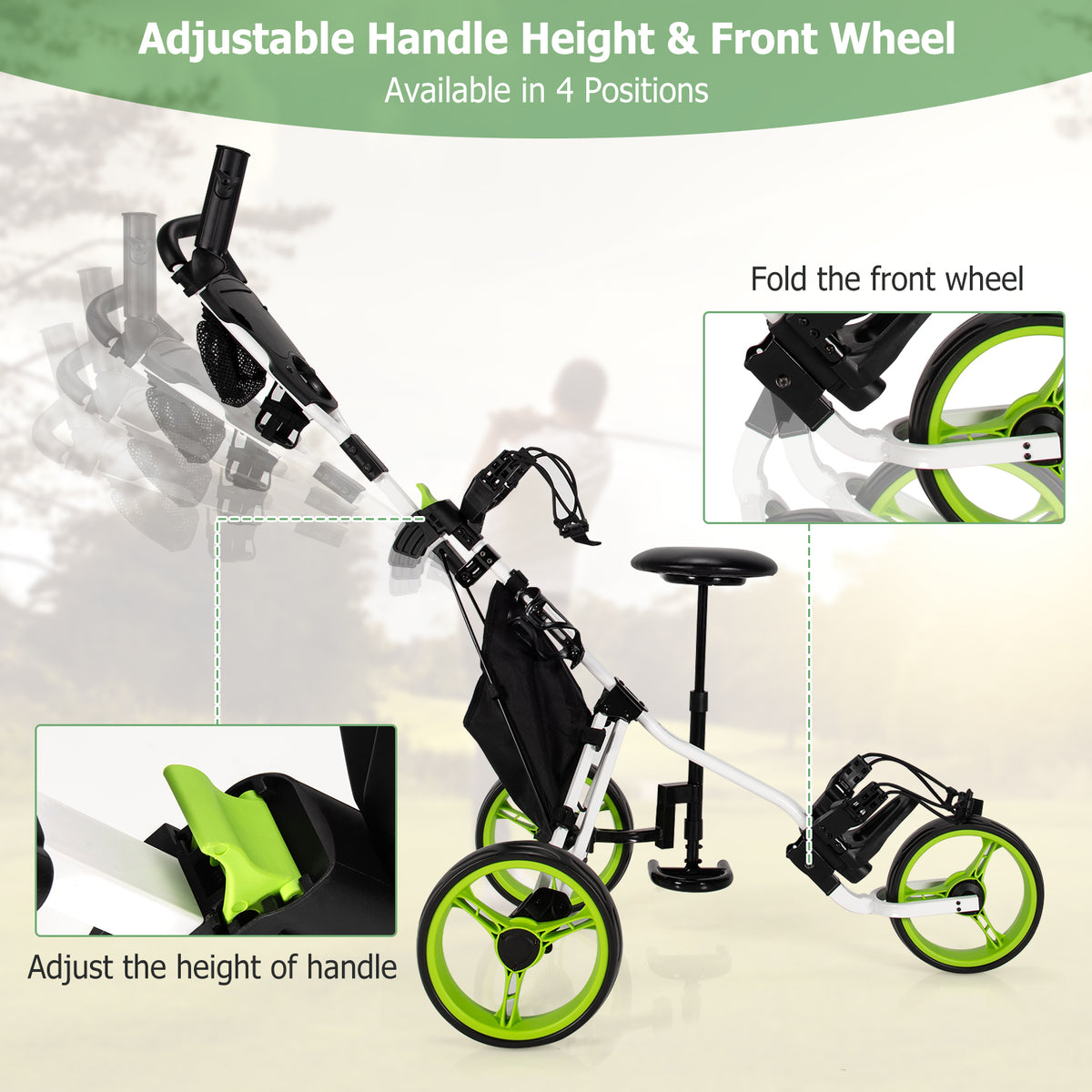 3 Wheels Folding Golf Push Cart with Seat Scoreboard and Adjustable Handle-Green-Golf-DECOROLALA