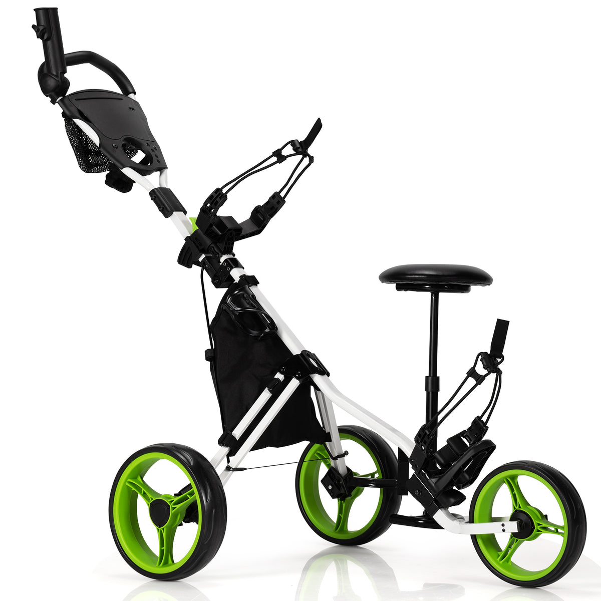 3 Wheels Folding Golf Push Cart with Seat Scoreboard and Adjustable Handle-Green-Golf-DECOROLALA