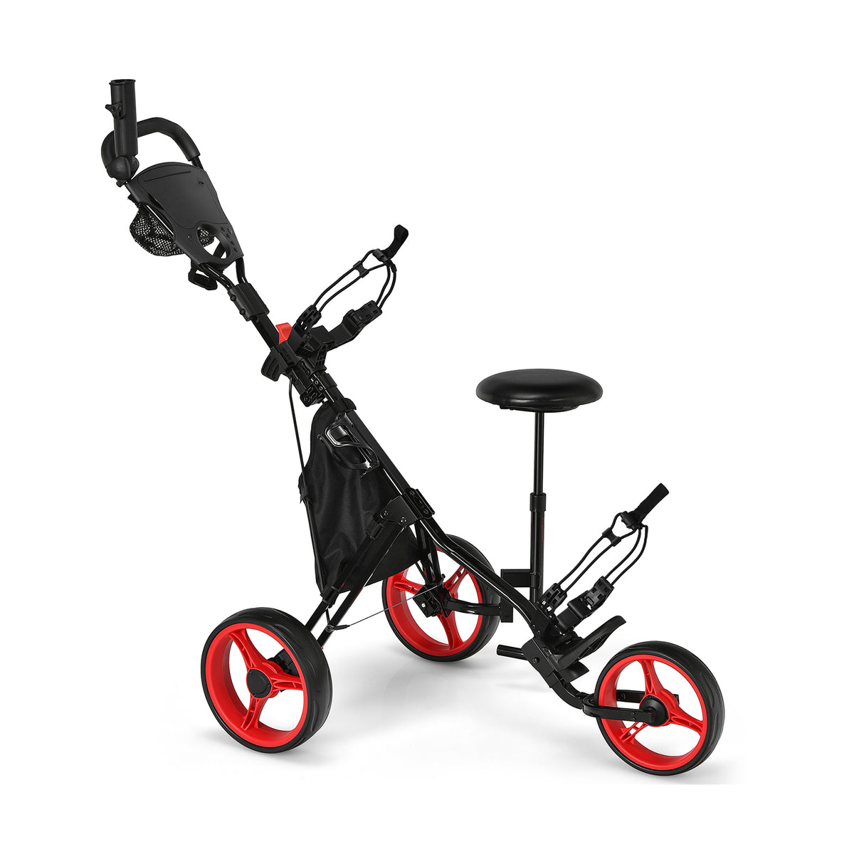 3 Wheels Folding Golf Push Cart with Seat Scoreboard and Adjustable Handle-Red-Golf-DECOROLALA