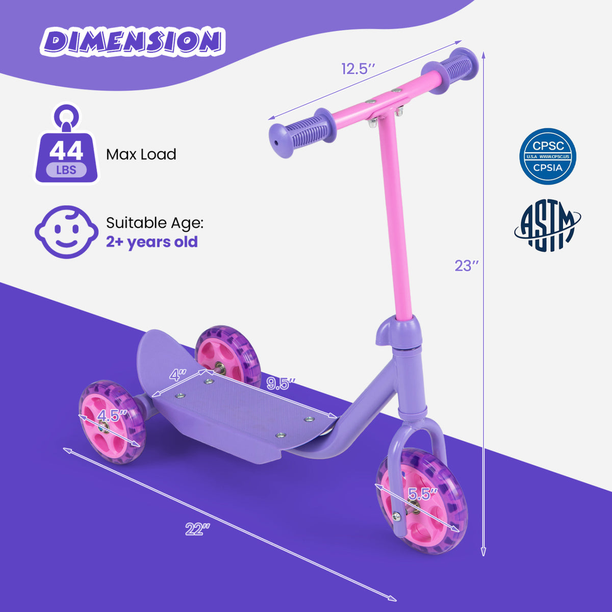 Trottinette à 3 roues pour enfants dès 2 ans avec roues LED lumineuses et large plateau antidérapant - Violet