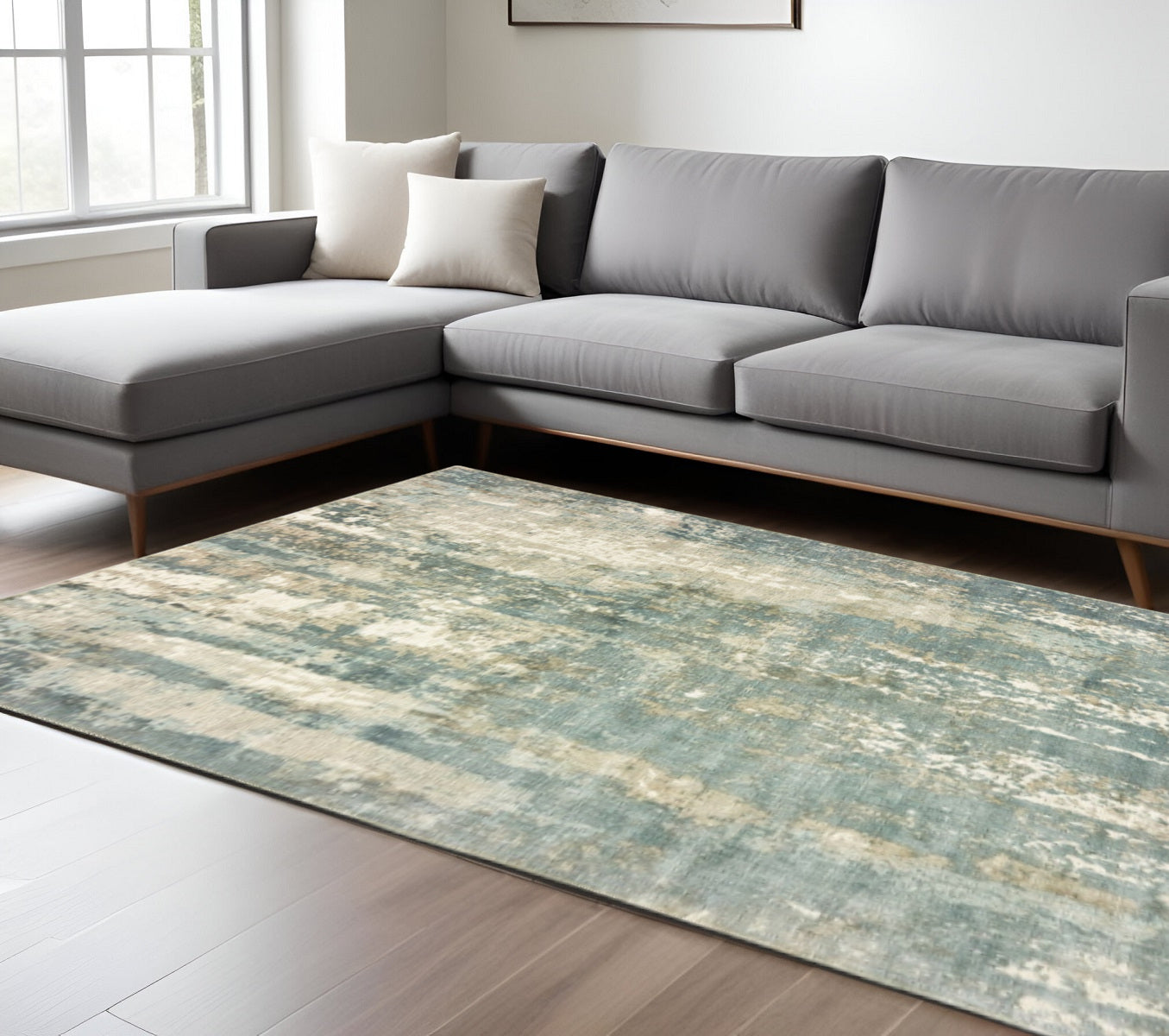 3' X 10' Blue And Gray Abstract Splash Indoor Runner Rug-Area Rugs-DECOROLALA