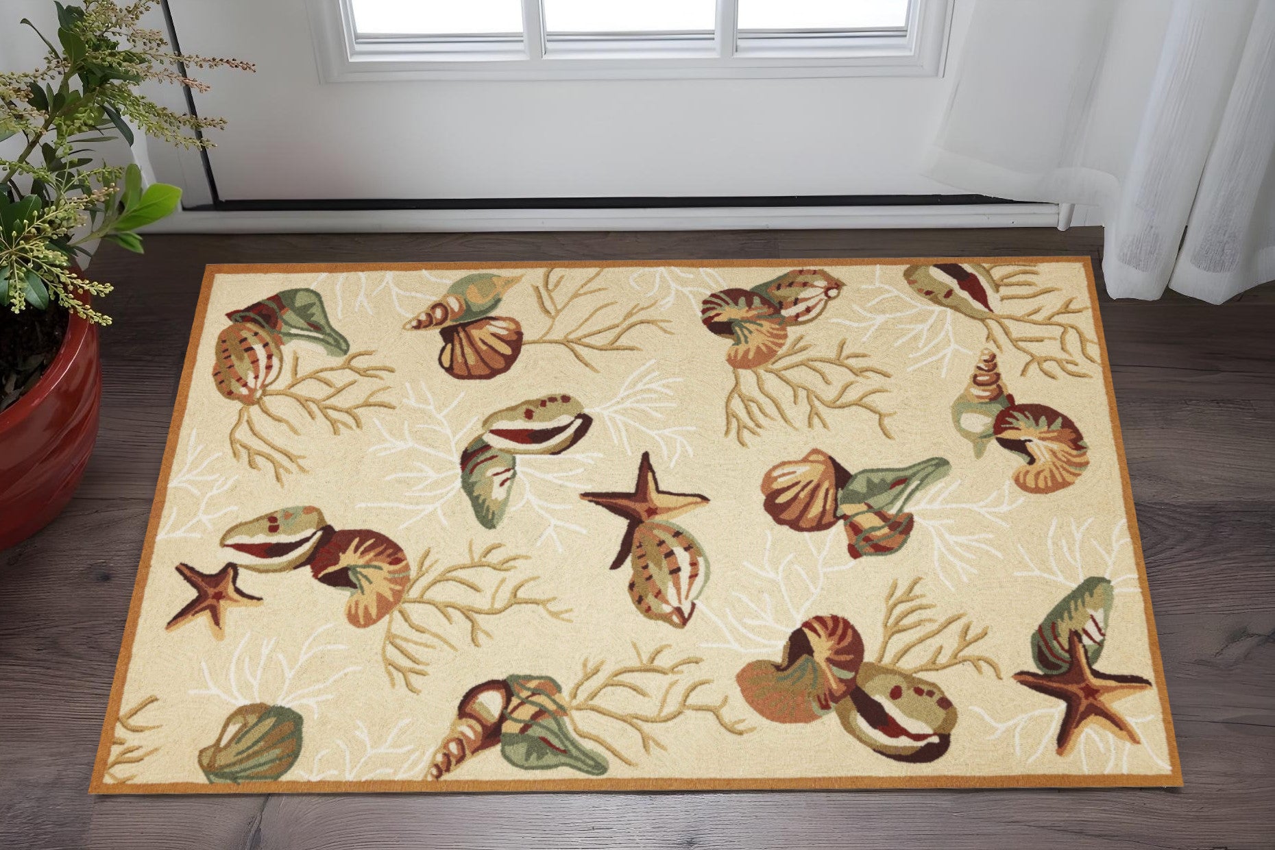 3' X 5' Beige Green And Brown Seashell and Coral Hand Tufted Area Rug-Area Rugs-DECOROLALA
