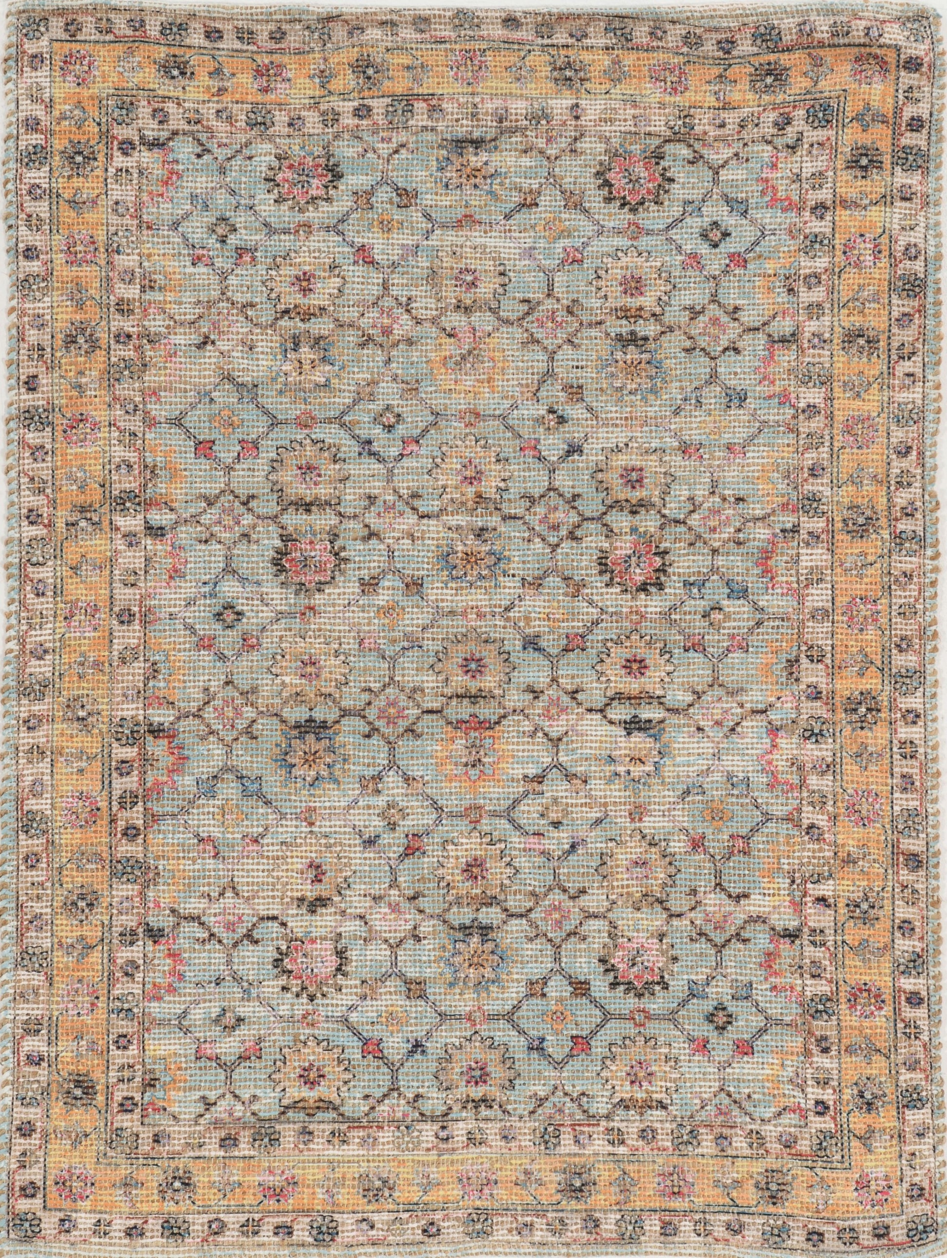 3' X 5' Blue And Beige Jute Floral Hand Woven Area Rug-Area Rugs-DECOROLALA