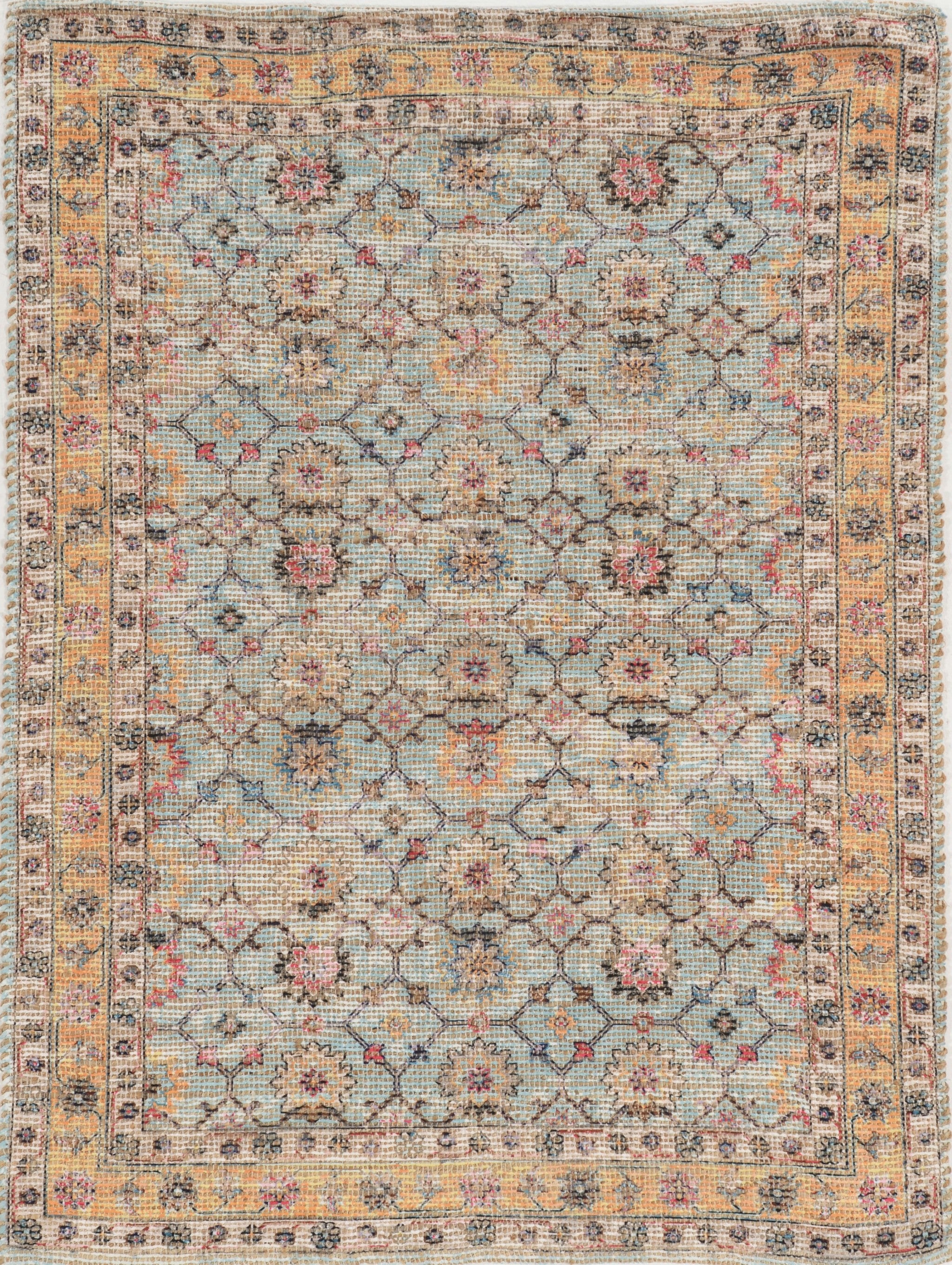 3' X 5' Blue And Beige Jute Floral Hand Woven Area Rug-Area Rugs-DECOROLALA