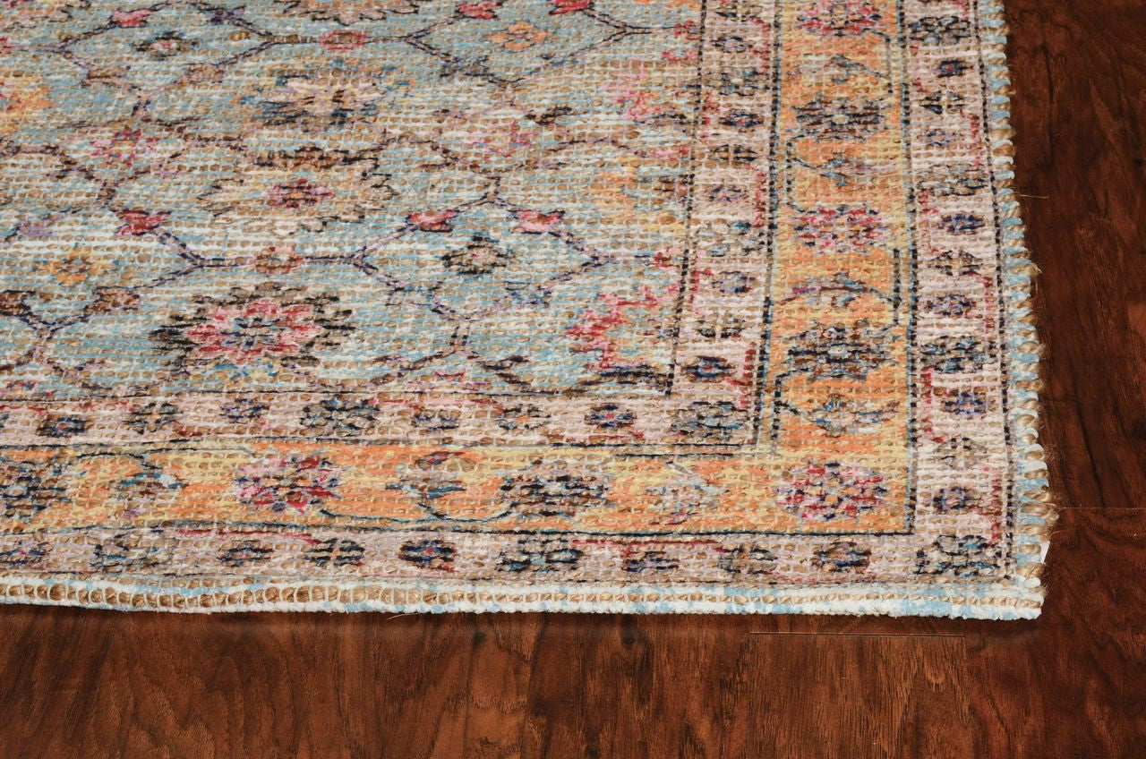 3' X 5' Blue And Beige Jute Floral Hand Woven Area Rug-Area Rugs-DECOROLALA