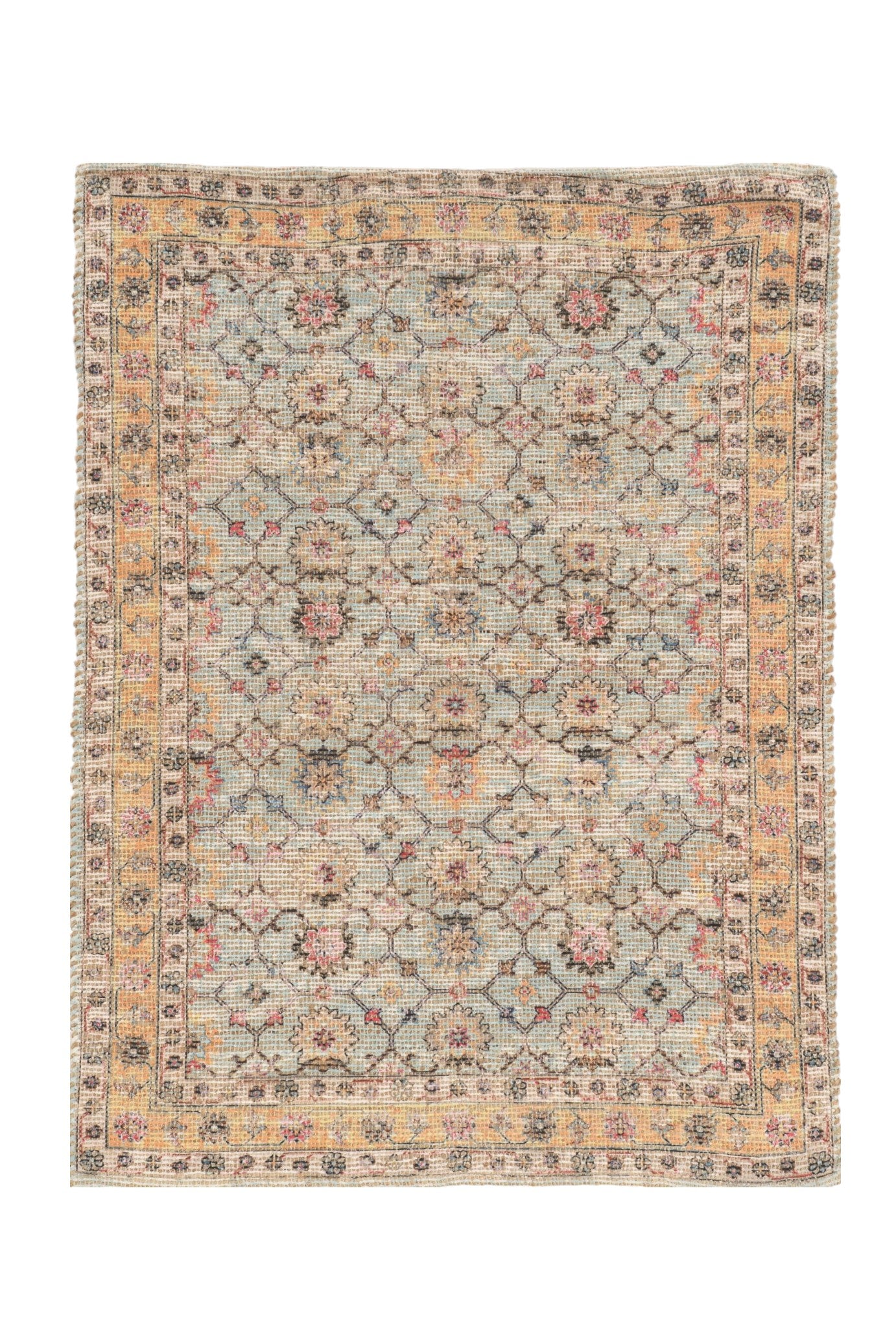 3' X 5' Blue And Beige Jute Floral Hand Woven Area Rug-Area Rugs-DECOROLALA