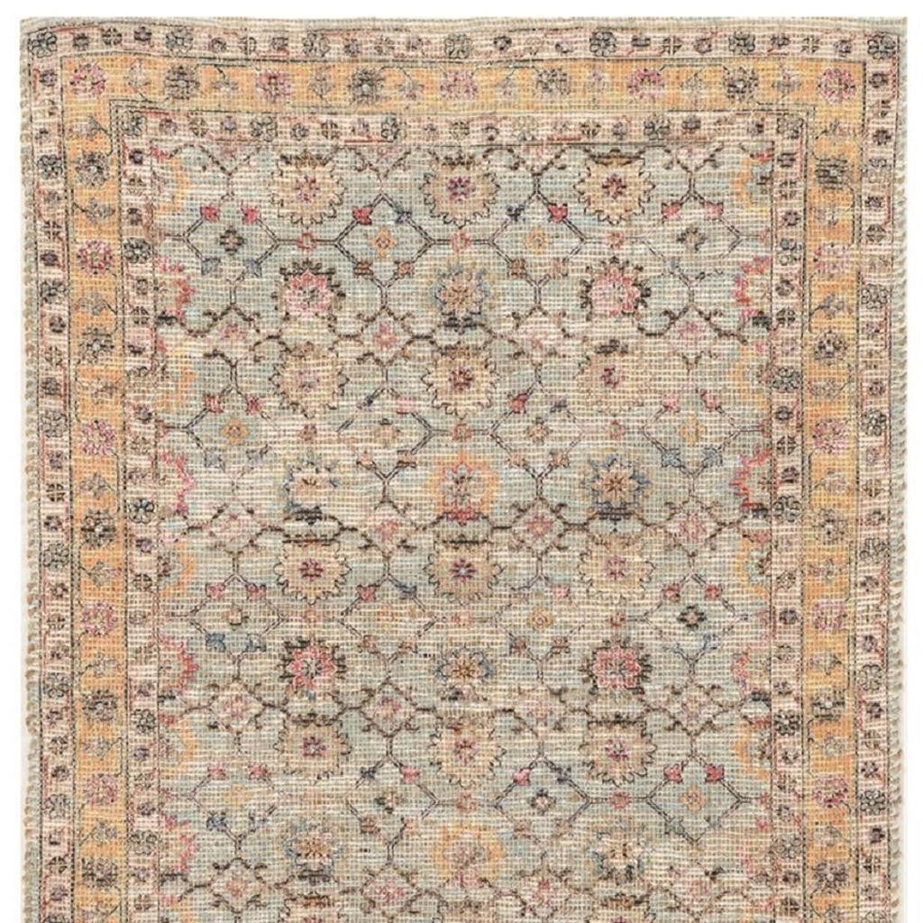 3' X 5' Blue And Beige Jute Floral Hand Woven Area Rug-Area Rugs-DECOROLALA