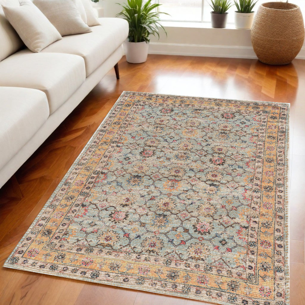 3' X 5' Blue And Beige Jute Floral Hand Woven Area Rug-Area Rugs-DECOROLALA