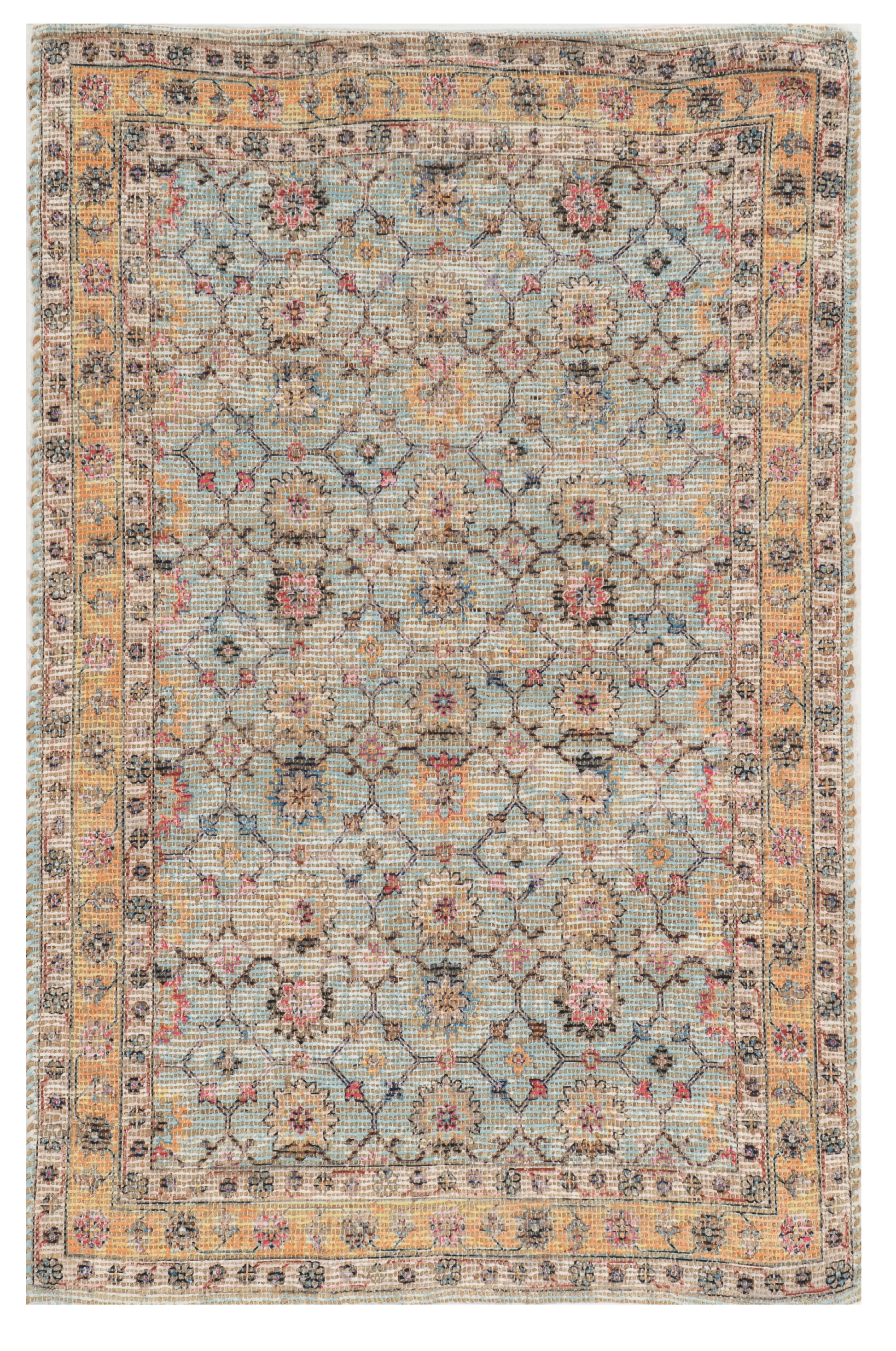 3' X 5' Blue And Beige Jute Floral Hand Woven Area Rug-Area Rugs-DECOROLALA