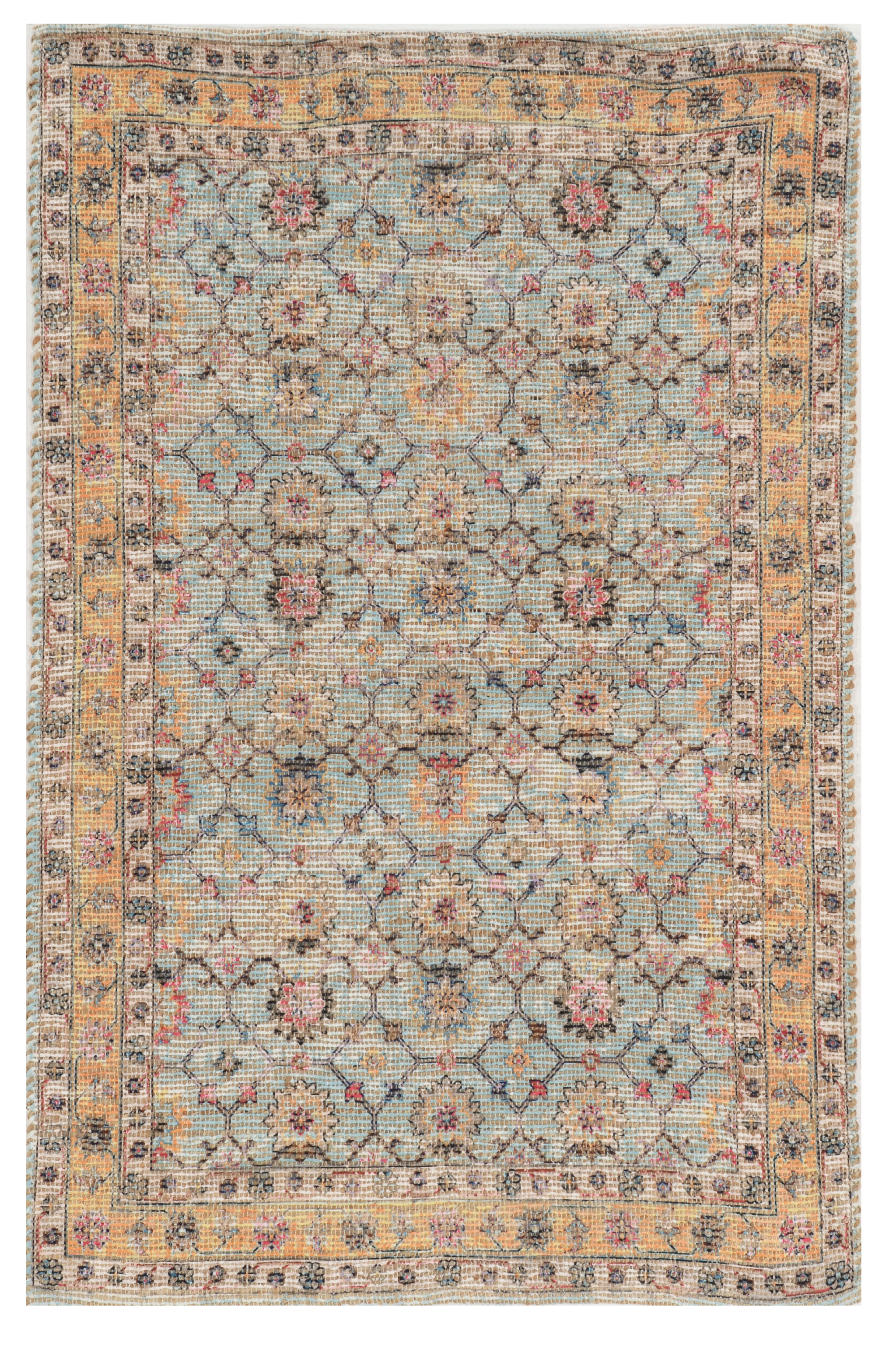 3' X 5' Blue And Beige Jute Floral Hand Woven Area Rug-Area Rugs-DECOROLALA