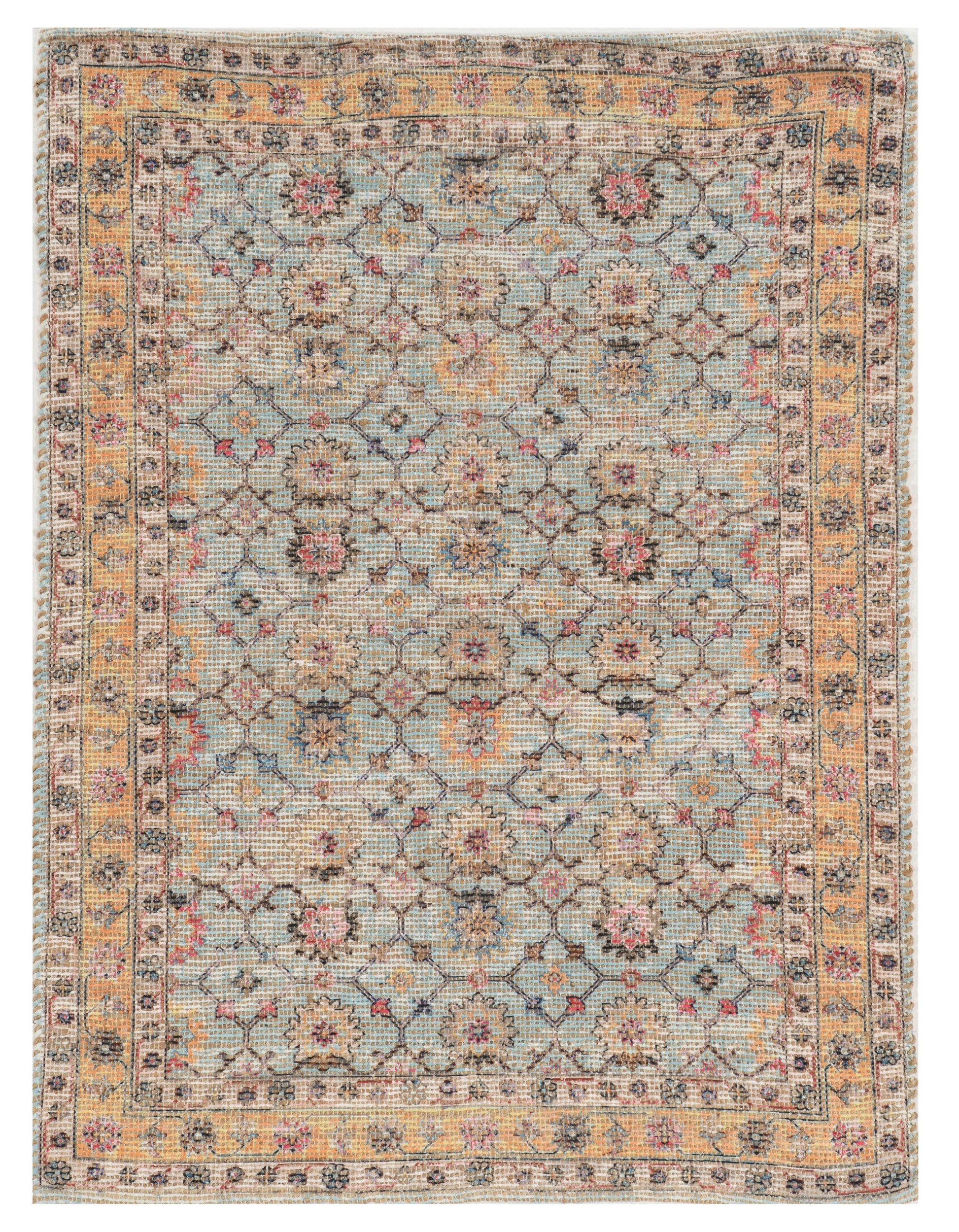 3' X 5' Blue And Beige Jute Floral Hand Woven Area Rug-Area Rugs-DECOROLALA