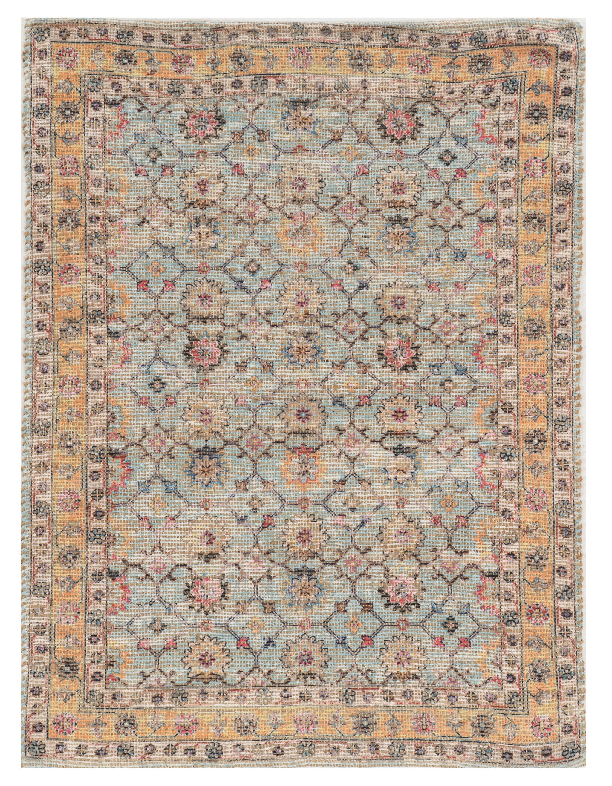 3' X 5' Blue And Beige Jute Floral Hand Woven Area Rug-Area Rugs-DECOROLALA