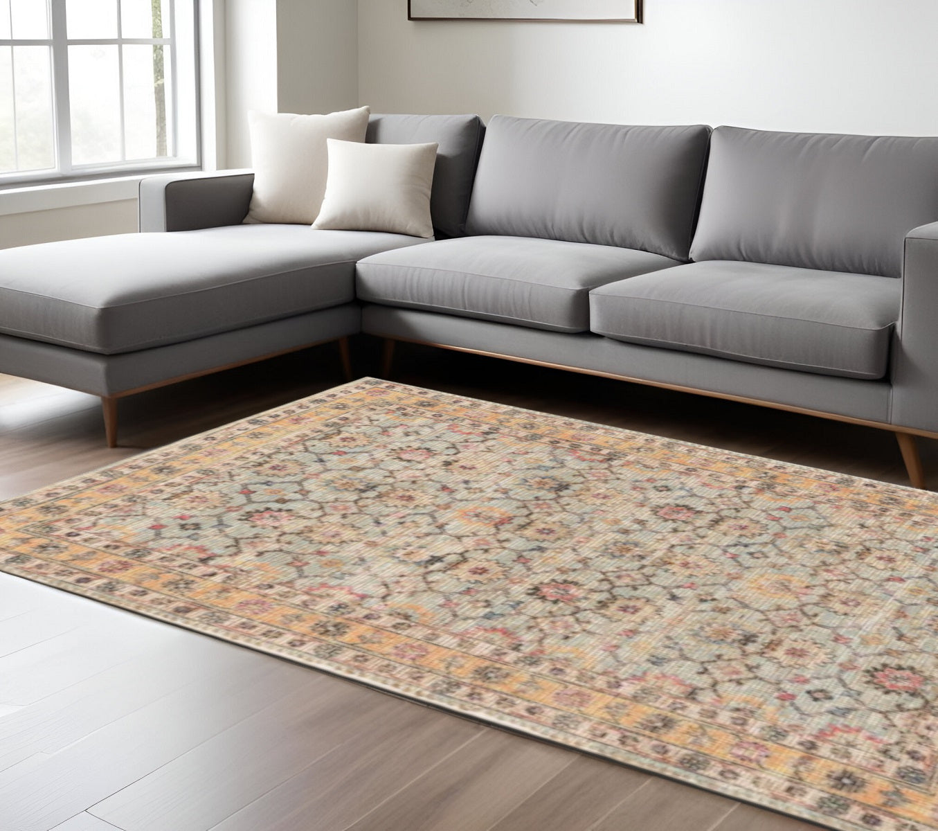 3' X 5' Blue And Beige Jute Floral Hand Woven Area Rug-Area Rugs-DECOROLALA
