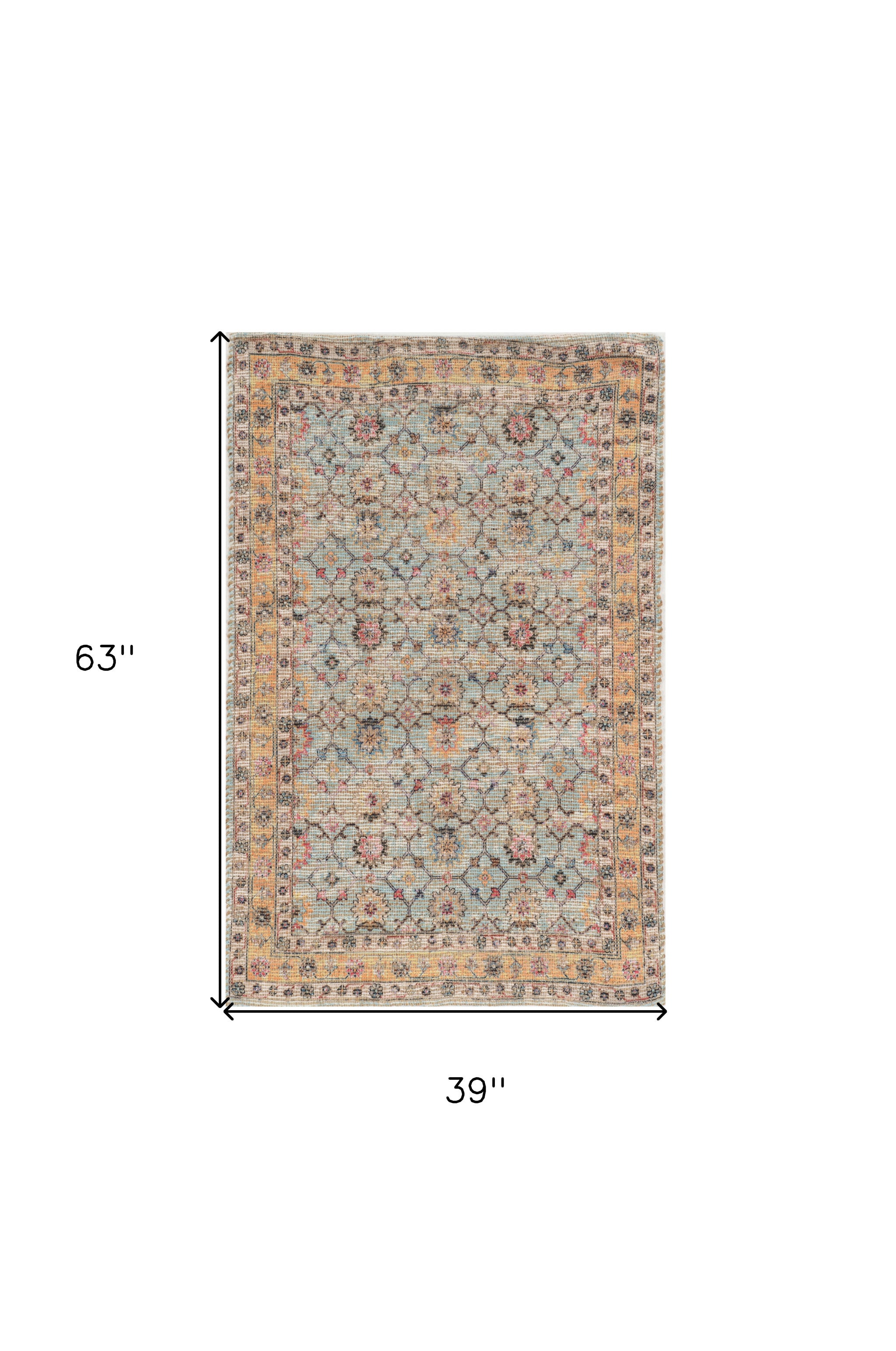 3' X 5' Blue And Beige Jute Floral Hand Woven Area Rug-Area Rugs-DECOROLALA