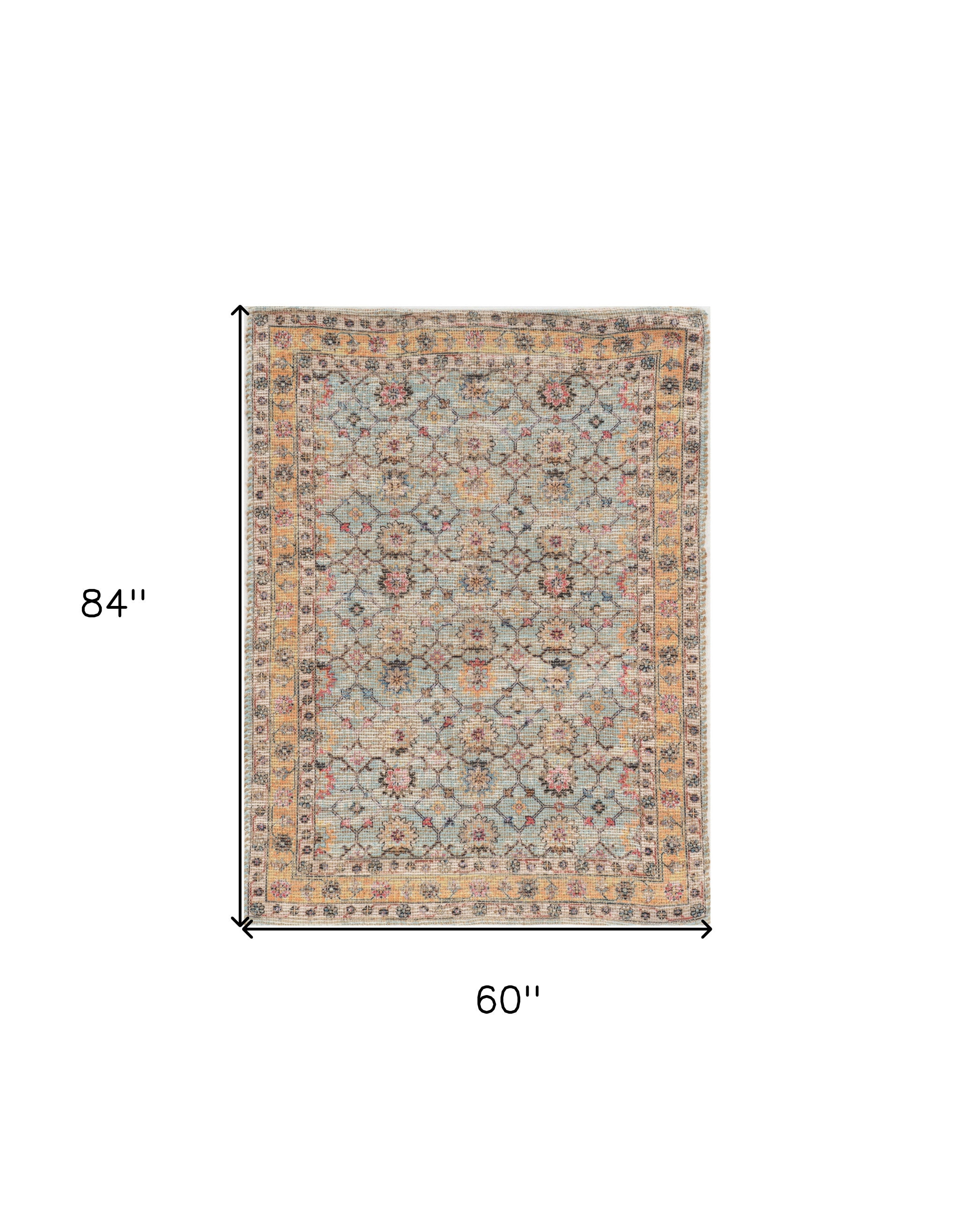 3' X 5' Blue And Beige Jute Floral Hand Woven Area Rug-Area Rugs-DECOROLALA