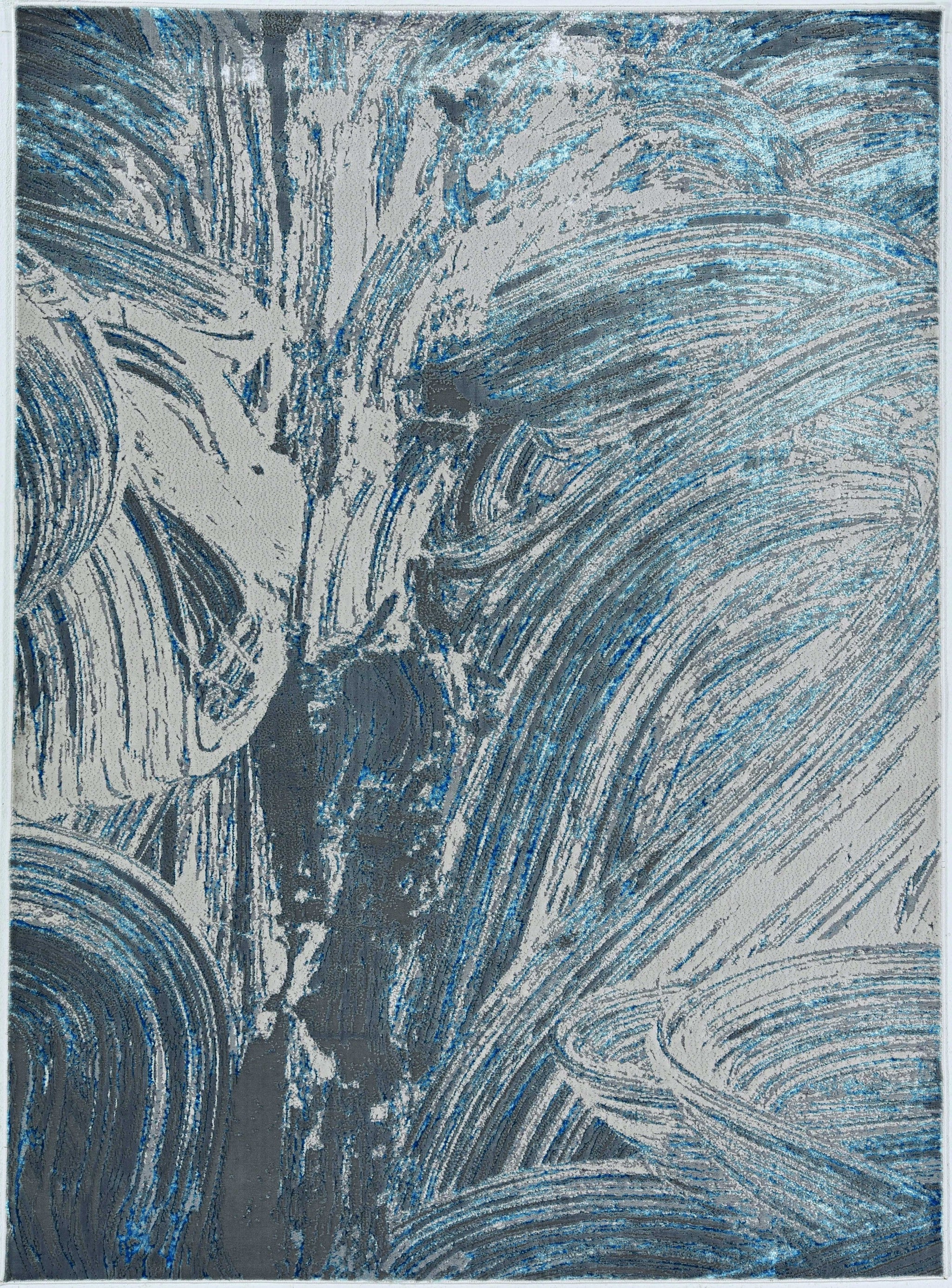 3' X 5' Blue And Silver Abstract Area Rug-Area Rugs-DECOROLALA