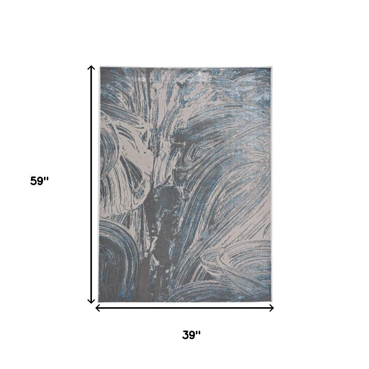 3' X 5' Blue And Silver Abstract Area Rug-Area Rugs-DECOROLALA