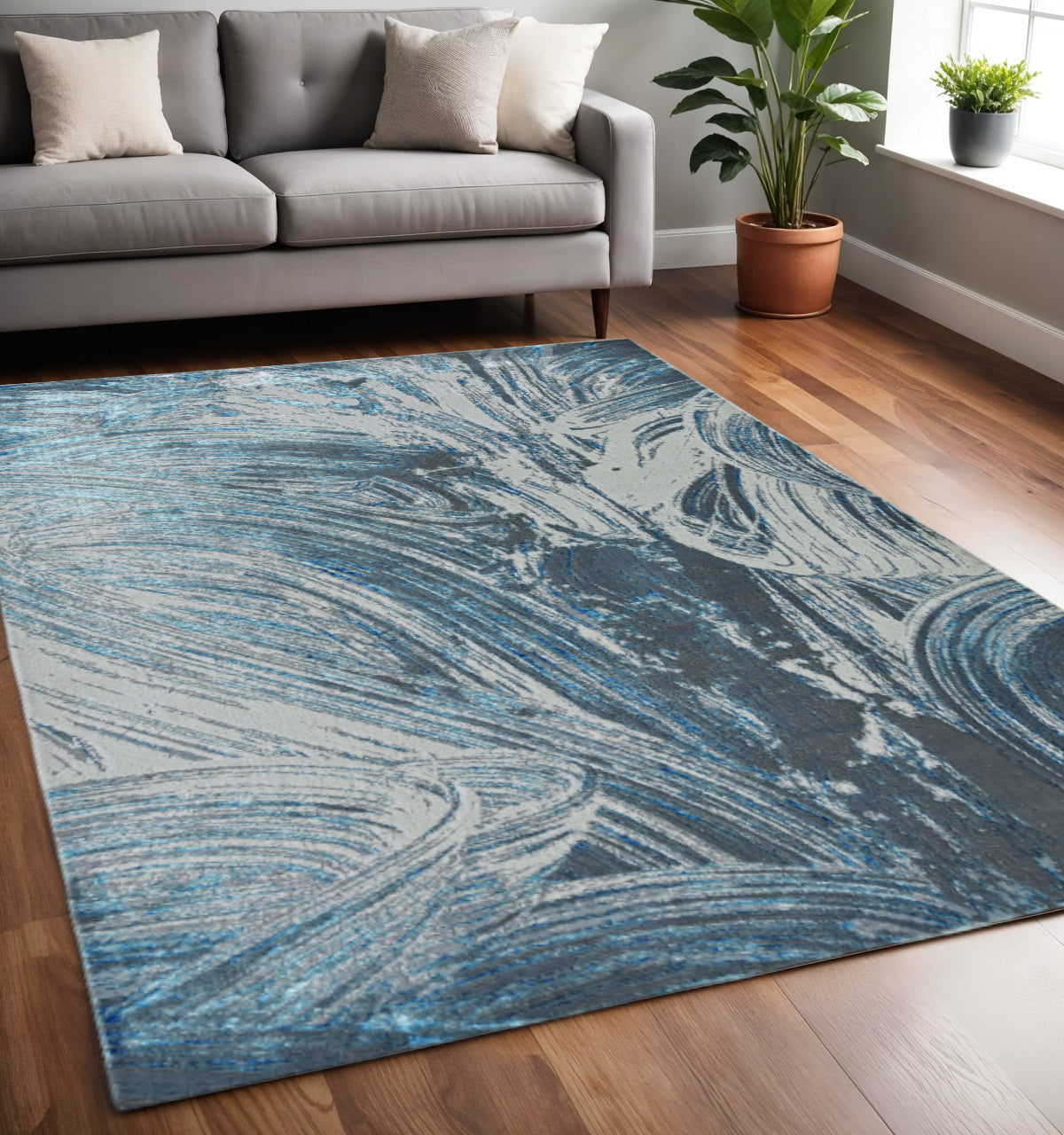 3' X 5' Blue And Silver Abstract Area Rug-Area Rugs-DECOROLALA