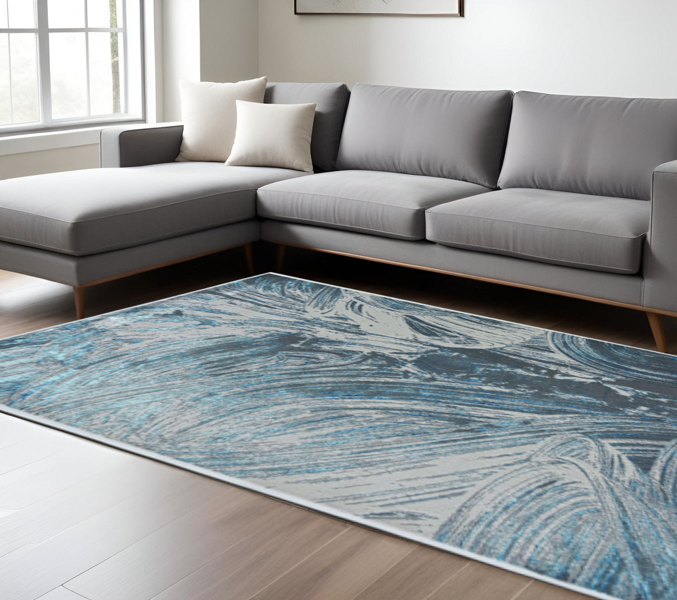 3' X 5' Blue And Silver Abstract Area Rug-Area Rugs-DECOROLALA