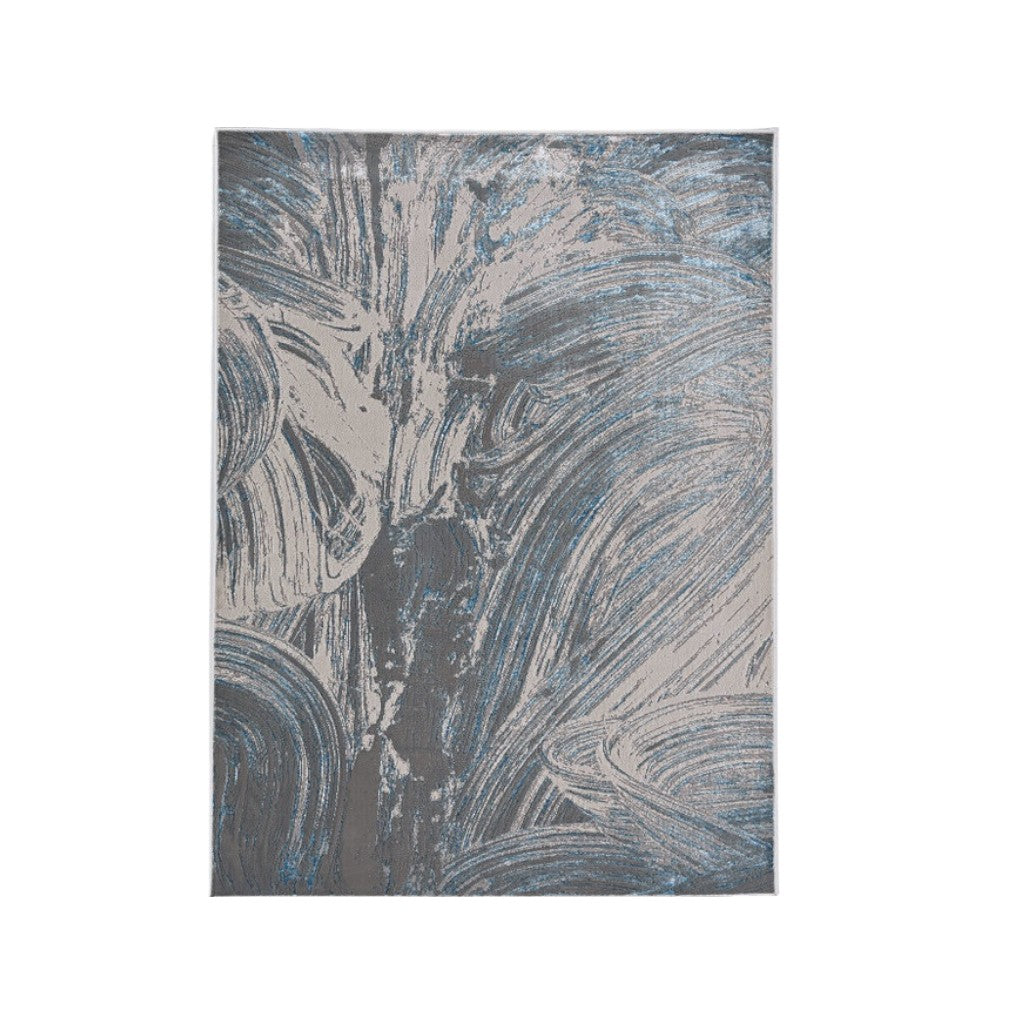 3' X 5' Blue And Silver Abstract Area Rug-Area Rugs-DECOROLALA