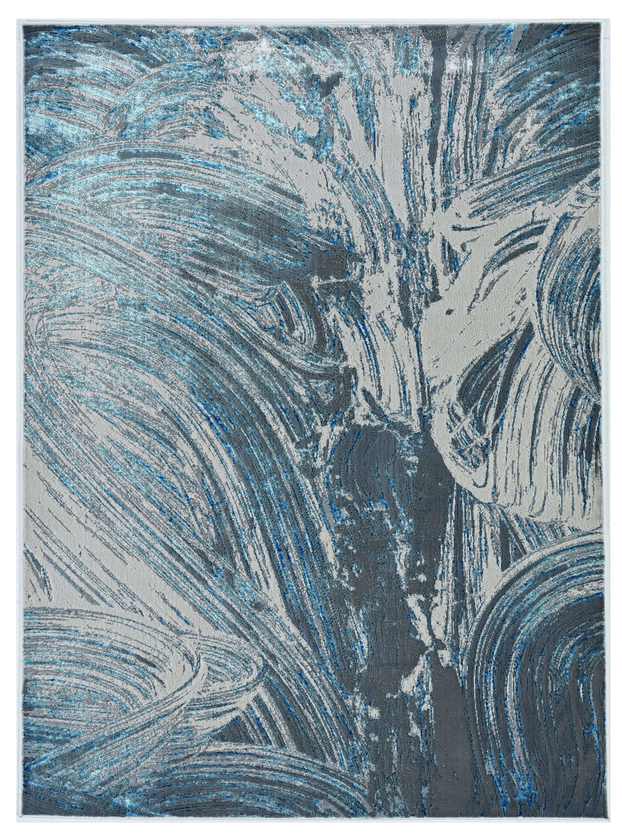 3' X 5' Blue And Silver Abstract Area Rug-Area Rugs-DECOROLALA