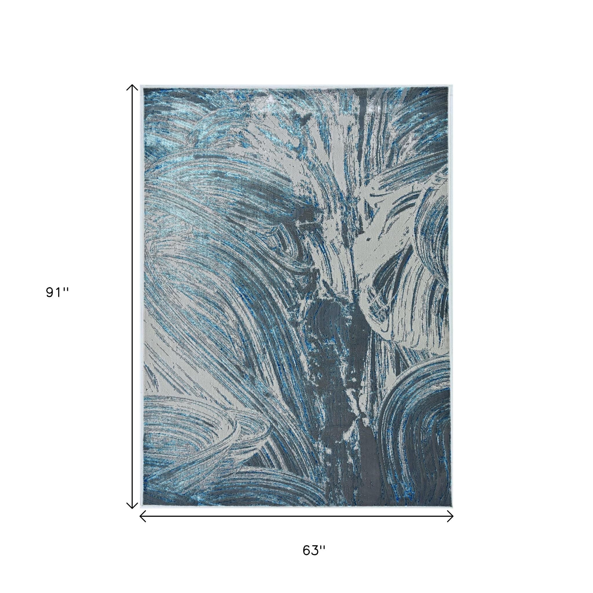 3' X 5' Blue And Silver Abstract Area Rug-Area Rugs-DECOROLALA
