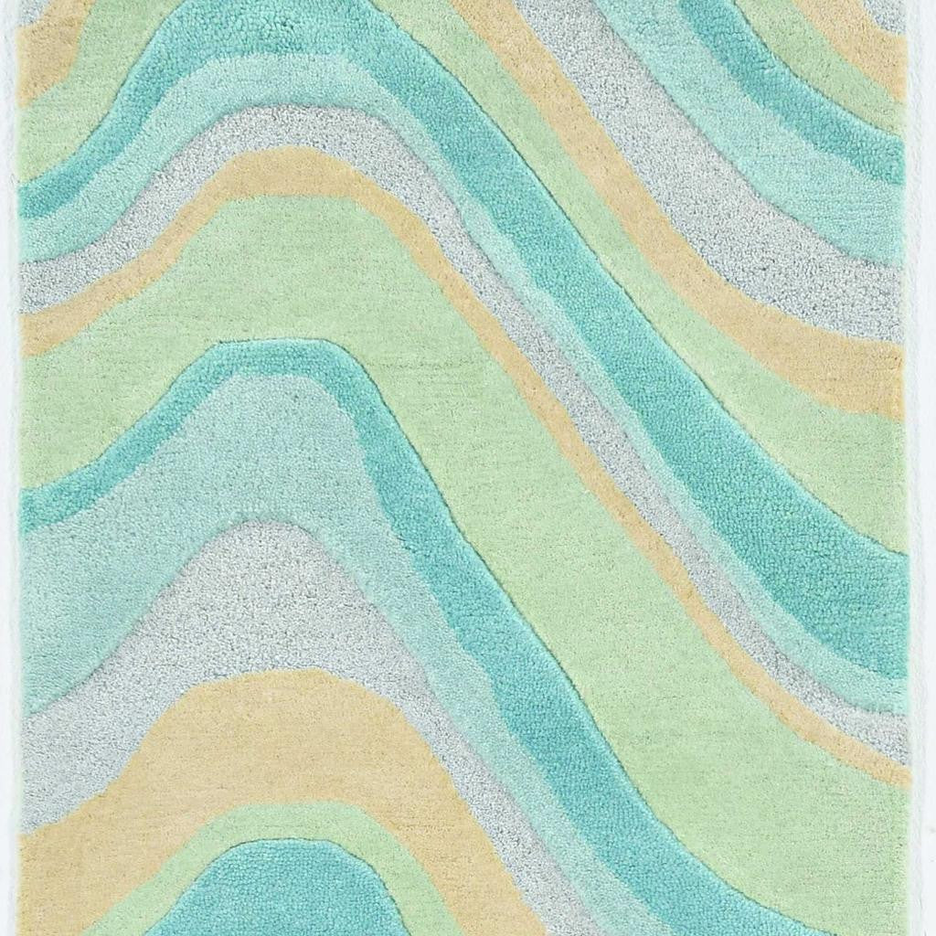 3' X 5' Blue Beige And Green Wool Abstract Hand Tufted Area Rug-Area Rugs-DECOROLALA