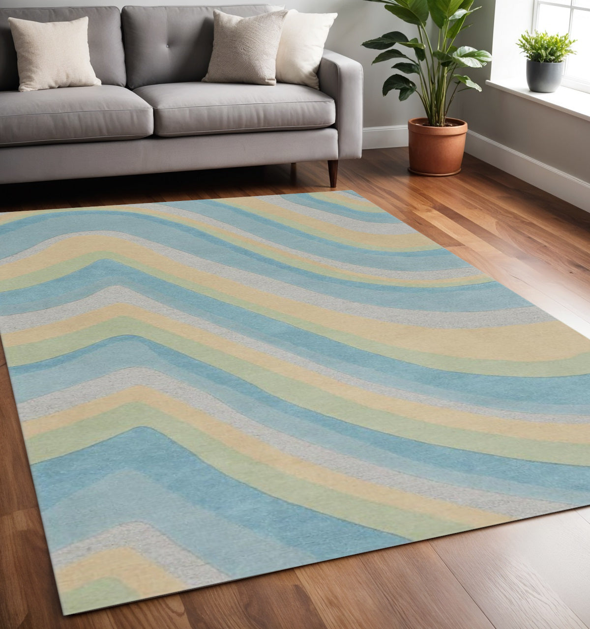 3' X 5' Blue Beige And Green Wool Abstract Hand Tufted Area Rug-Area Rugs-DECOROLALA