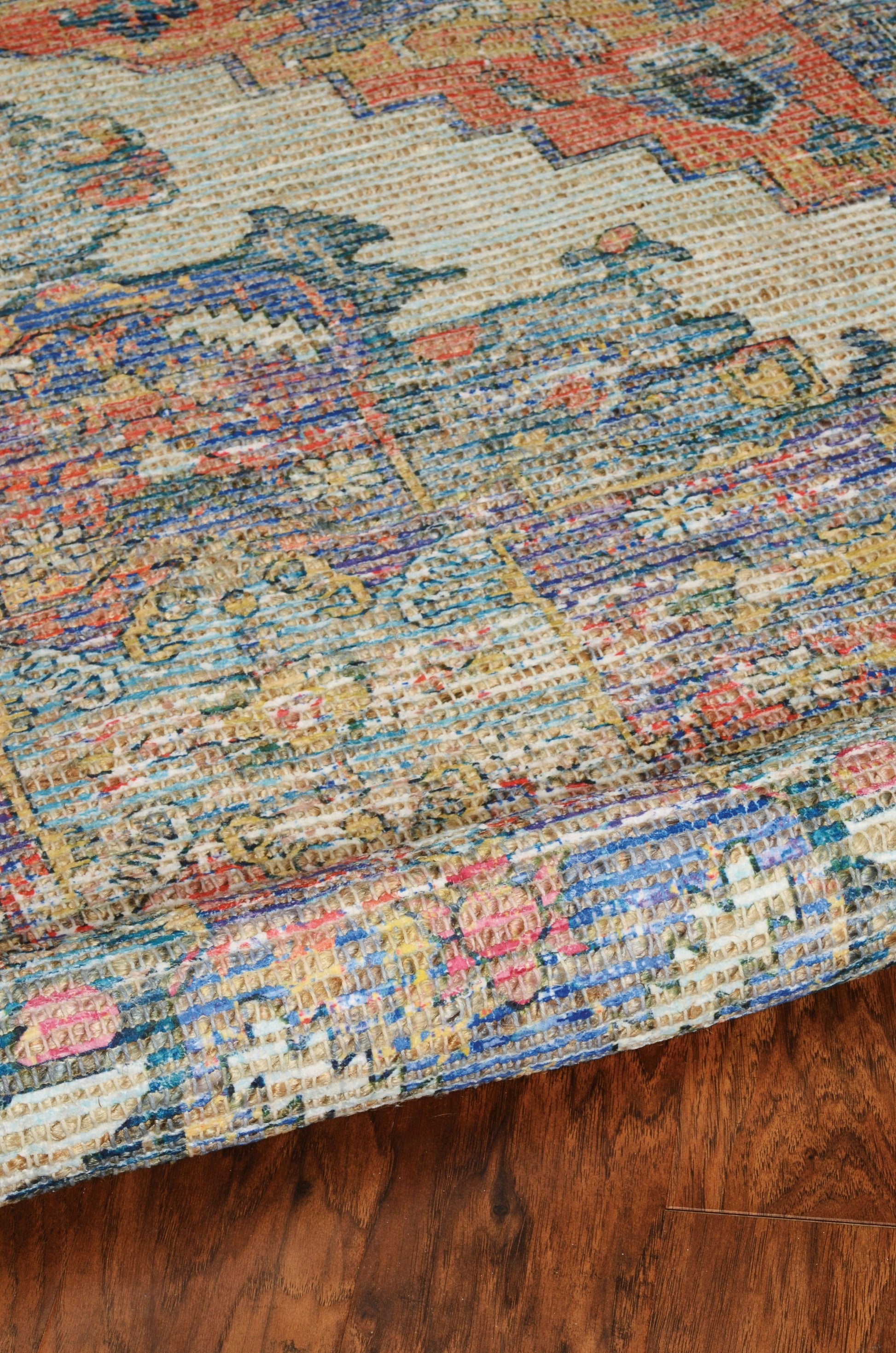 3' X 5' Blue Brick Red And Brown Jute Medallion Hand Woven Distressed Area Rug-Area Rugs-DECOROLALA