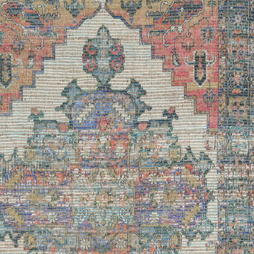 3' X 5' Blue Brick Red And Brown Jute Medallion Hand Woven Distressed Area Rug-Area Rugs-DECOROLALA