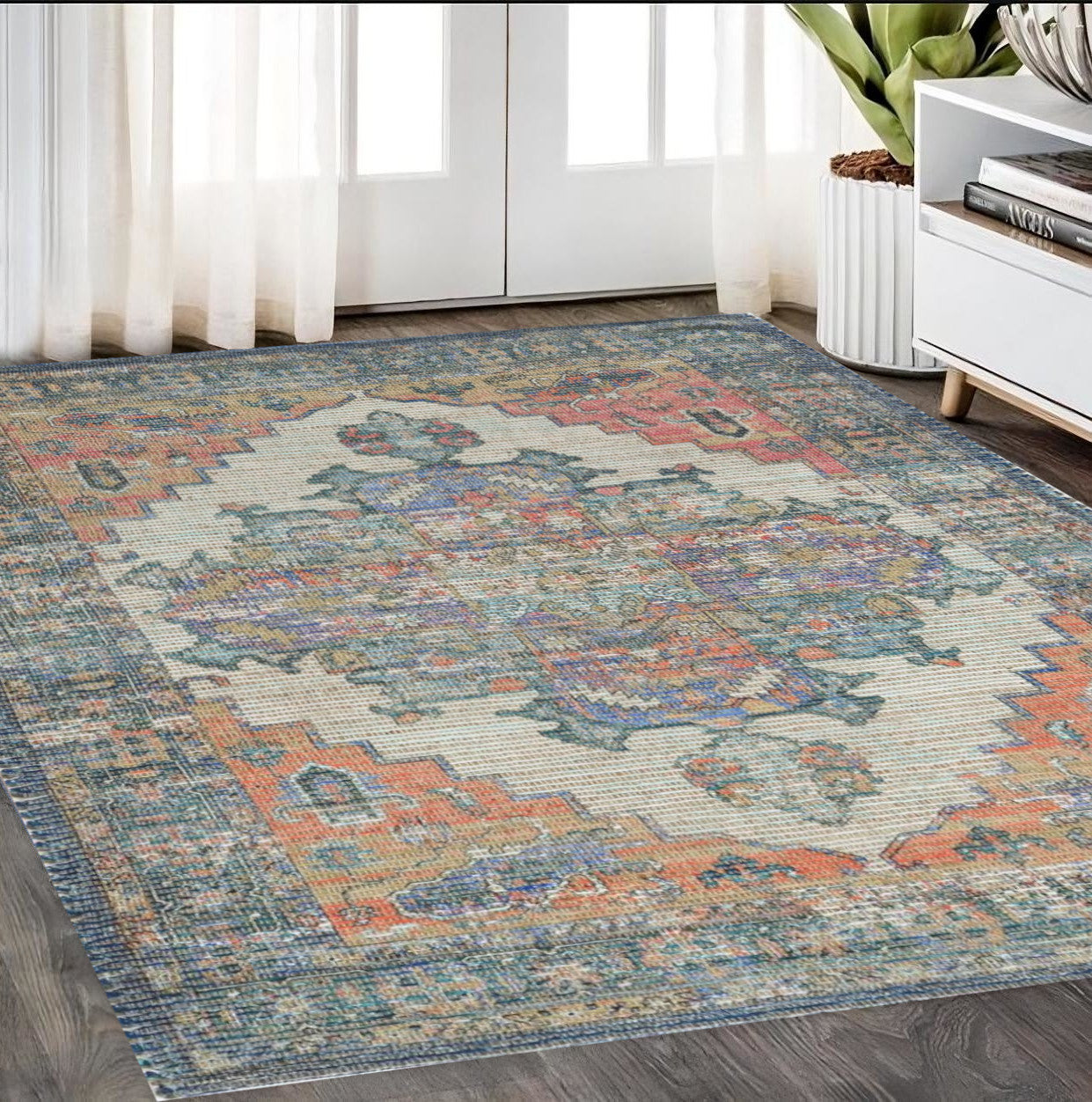 3' X 5' Blue Brick Red And Brown Jute Medallion Hand Woven Distressed Area Rug-Area Rugs-DECOROLALA