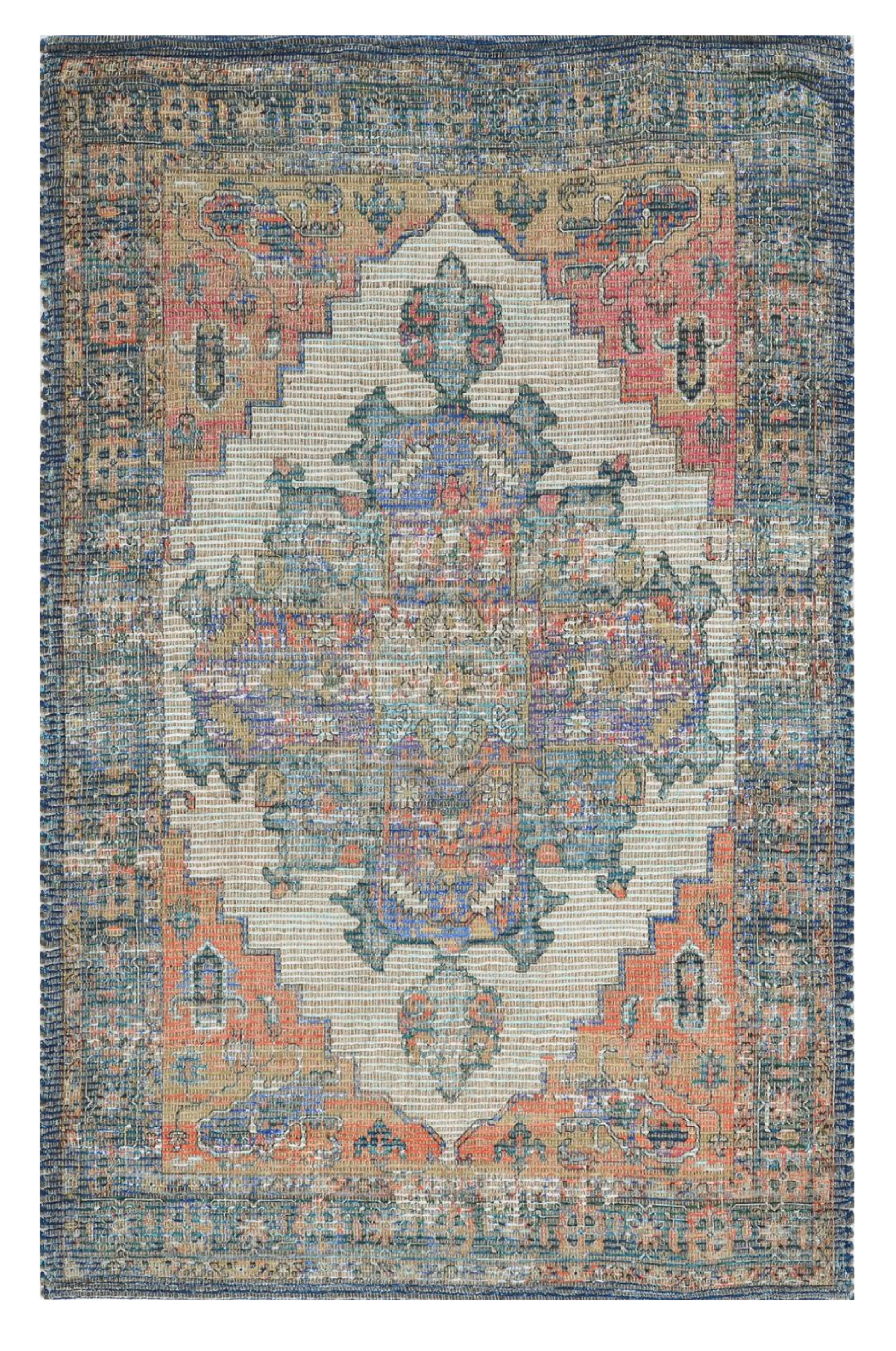 3' X 5' Blue Brick Red And Brown Jute Medallion Hand Woven Distressed Area Rug-Area Rugs-DECOROLALA
