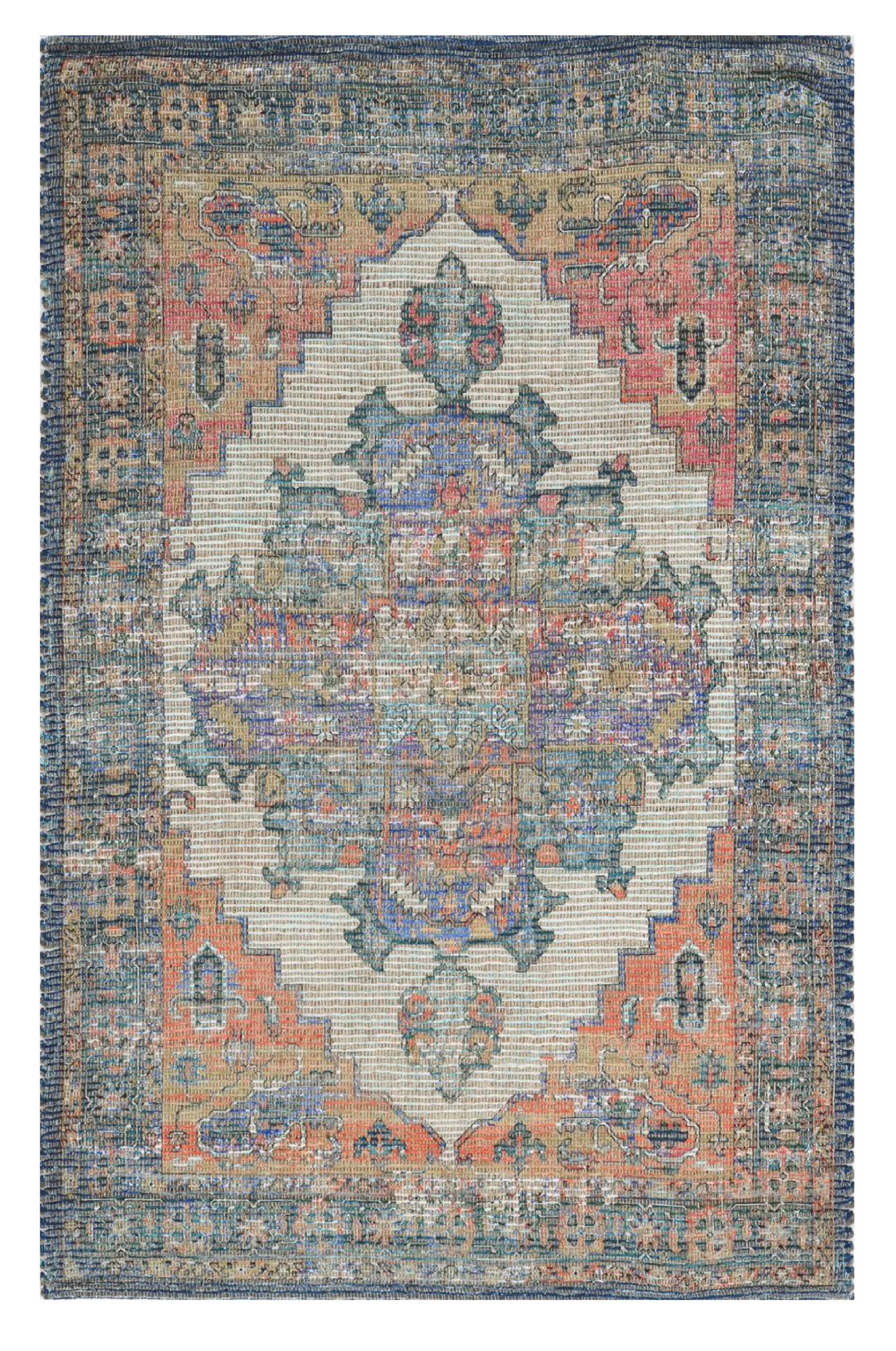 3' X 5' Blue Brick Red And Brown Jute Medallion Hand Woven Distressed Area Rug-Area Rugs-DECOROLALA