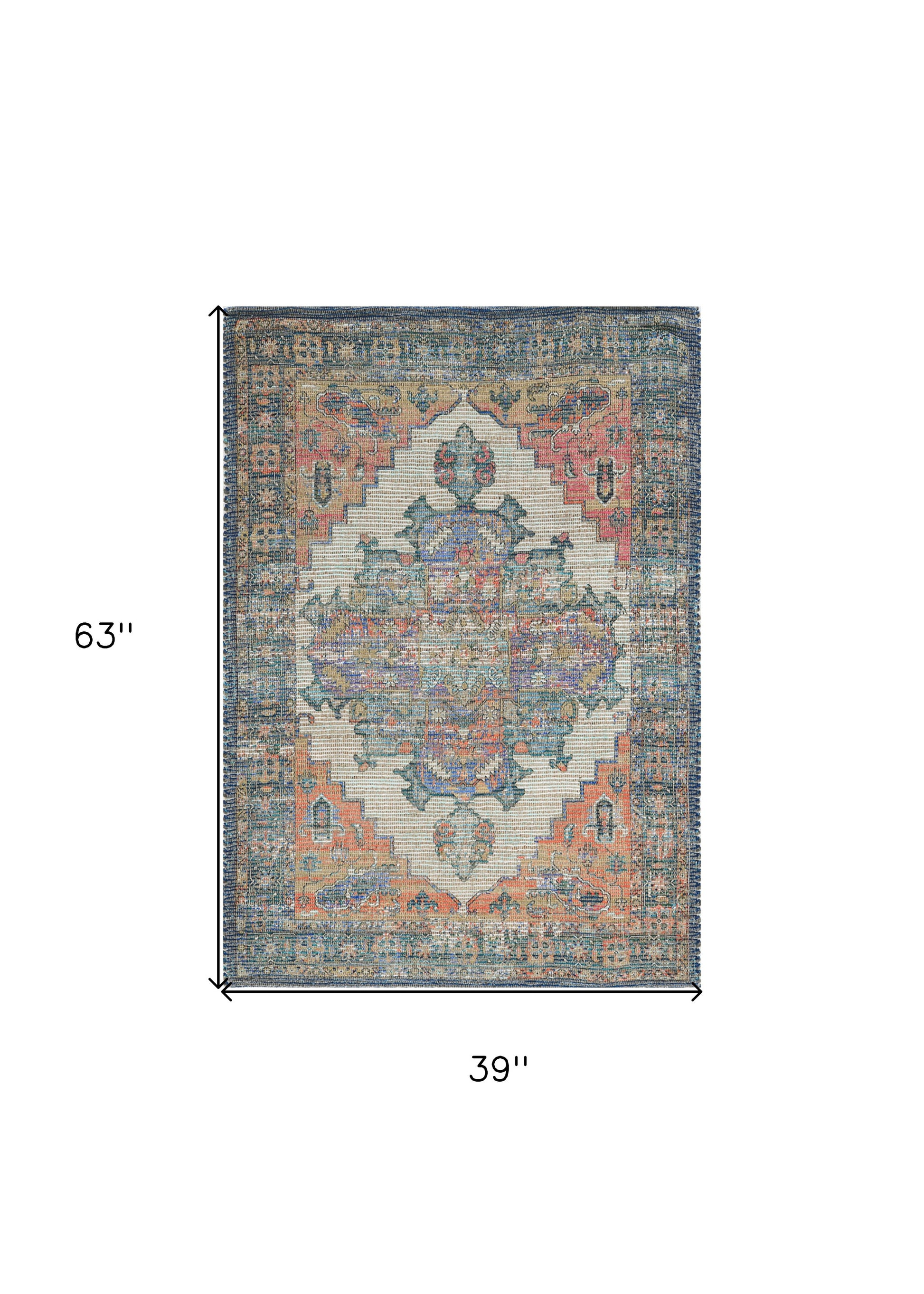 3' X 5' Blue Brick Red And Brown Jute Medallion Hand Woven Distressed Area Rug-Area Rugs-DECOROLALA