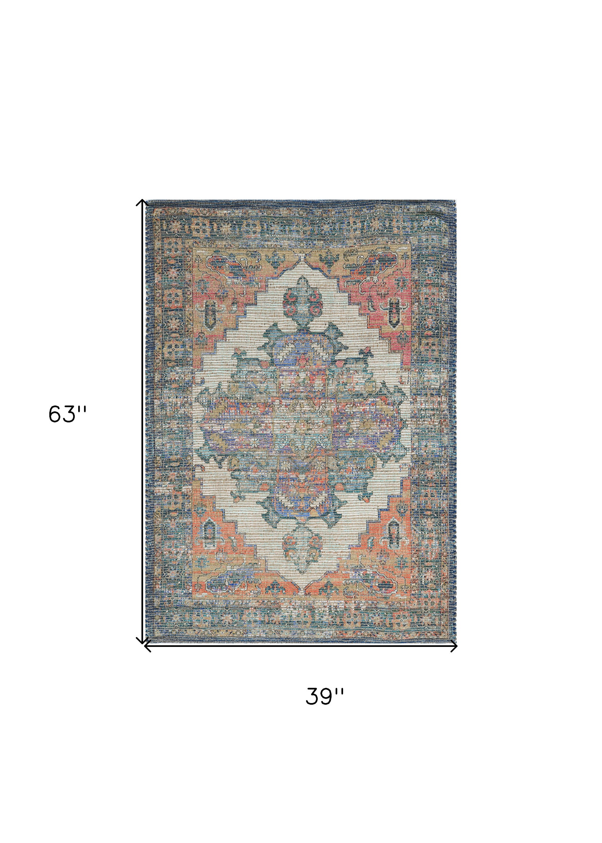 3' X 5' Blue Brick Red And Brown Jute Medallion Hand Woven Distressed Area Rug-Area Rugs-DECOROLALA