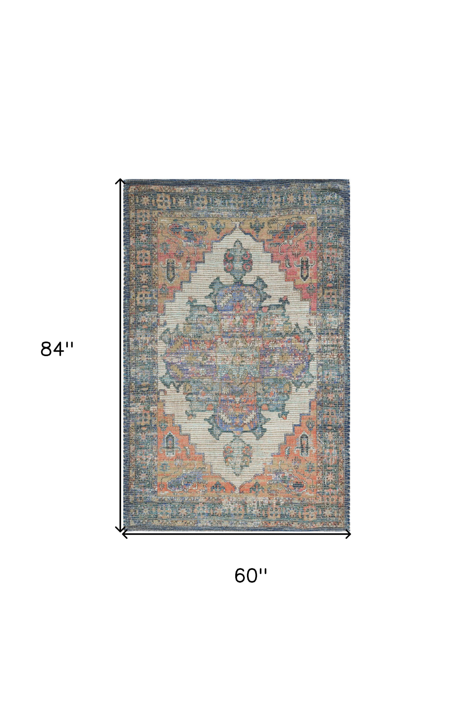 3' X 5' Blue Brick Red And Brown Jute Medallion Hand Woven Distressed Area Rug-Area Rugs-DECOROLALA
