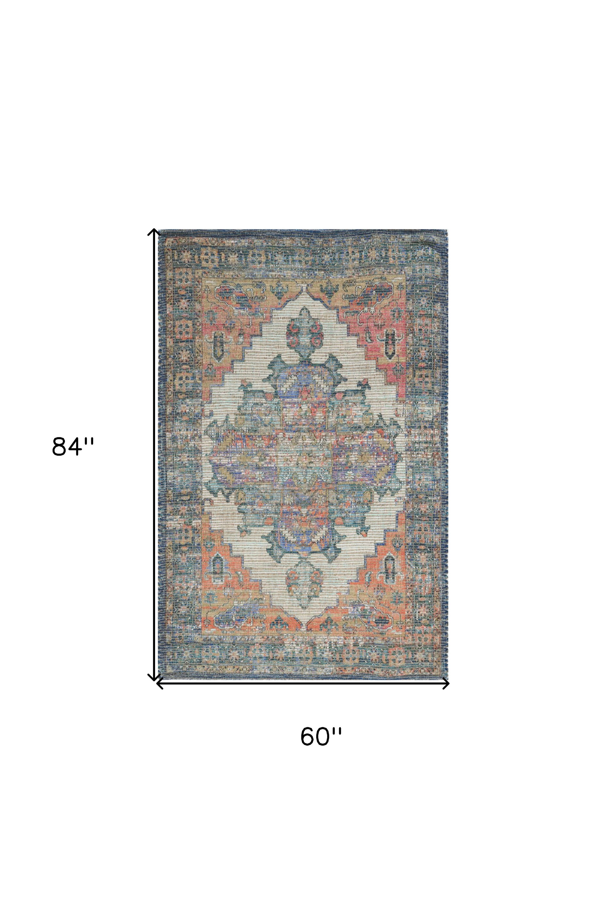 3' X 5' Blue Brick Red And Brown Jute Medallion Hand Woven Distressed Area Rug-Area Rugs-DECOROLALA