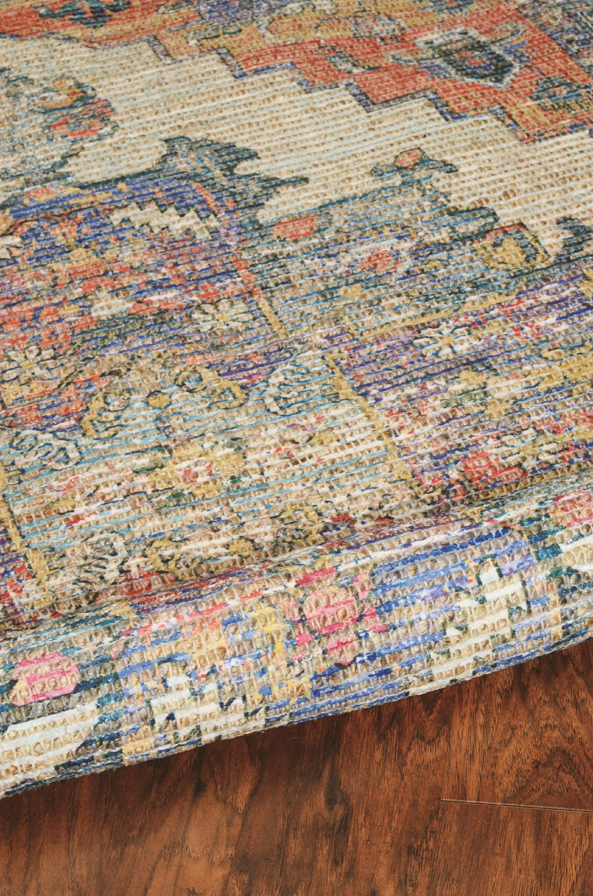 3' X 5' Blue Brick Red And Brown Jute Medallion Hand Woven Distressed Area Rug-Area Rugs-DECOROLALA