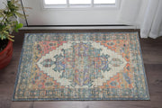 3' X 5' Blue Brick Red And Brown Jute Medallion Hand Woven Distressed Area Rug-Area Rugs-DECOROLALA