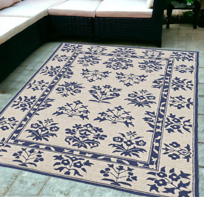 3' X 5' Blue Floral Indoor Outdoor Area Rug-Outdoor Rugs-DECOROLALA