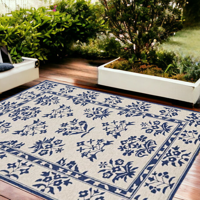 3' X 5' Blue Floral Indoor Outdoor Area Rug-Outdoor Rugs-DECOROLALA